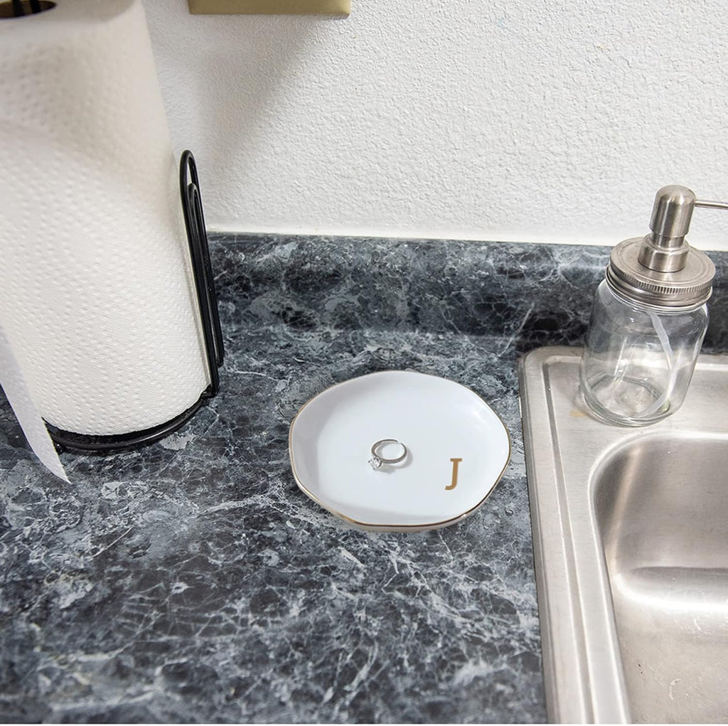 Initials Ring Dish Jewery Tray with personalized J-Monogrammed Gifts Wedding Engagement for Women Friends sister,Ceramic White