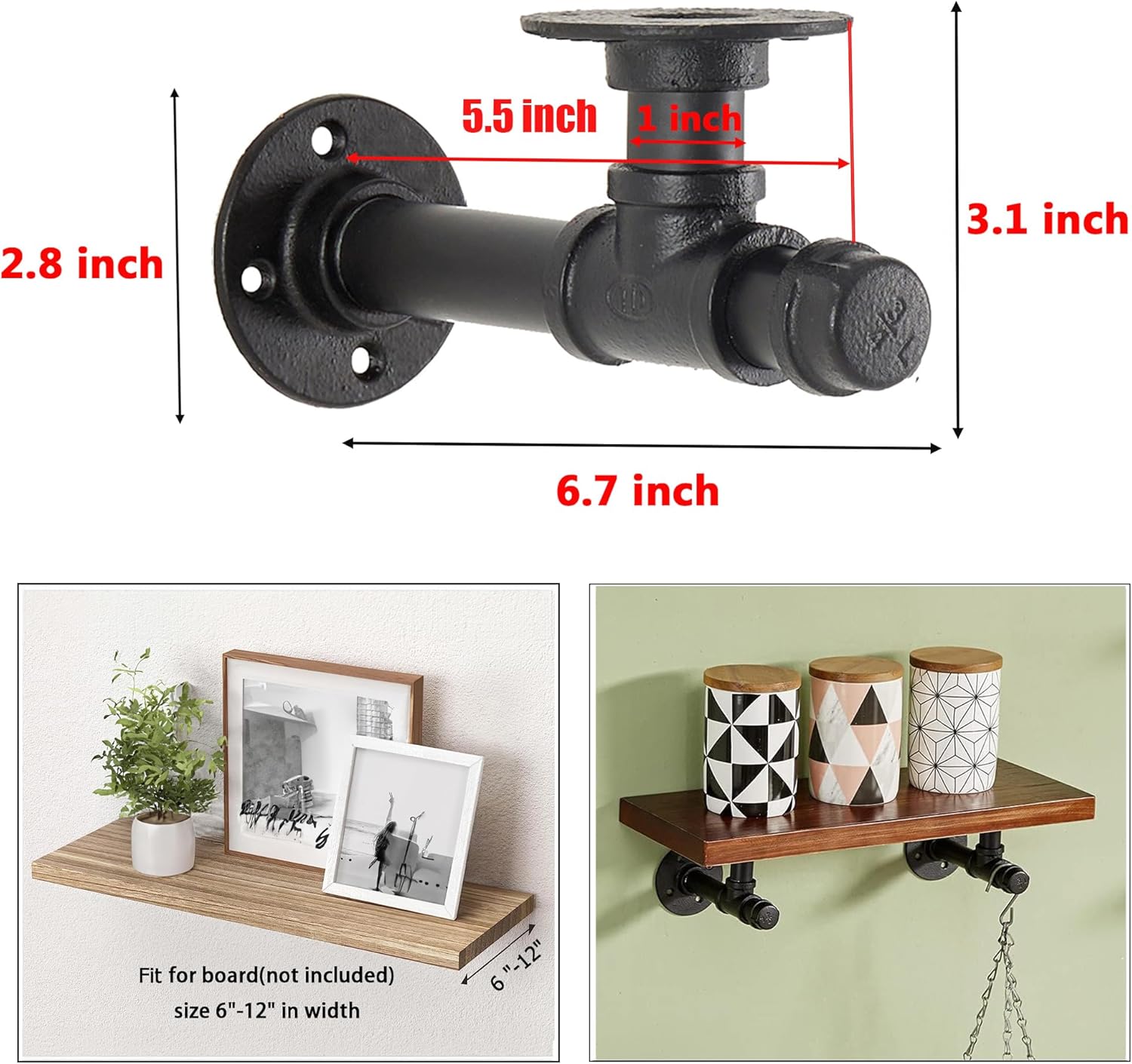 Industrial Pipe Shelf Bracket 6.7",Iron L Pipe Shelving Wall Floating Shelf Bracket for 6-12" Board,Industrial Pipe Shelves Heavy Duty Black Metal Pipe Clothing Rack 6 Pack, Include Accessories