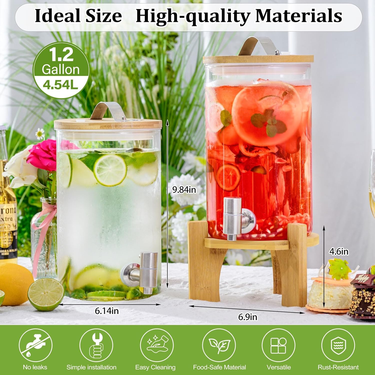 1.2 Gallon Large Glass Drink Dispenser For Parties, Beverage Dispenser with Bamboo Wood Stand and Stainless Steel Spigot, Juice, Lemonade, Water jug dispenser, Laundry Detergent Dispenser (1 PACK)