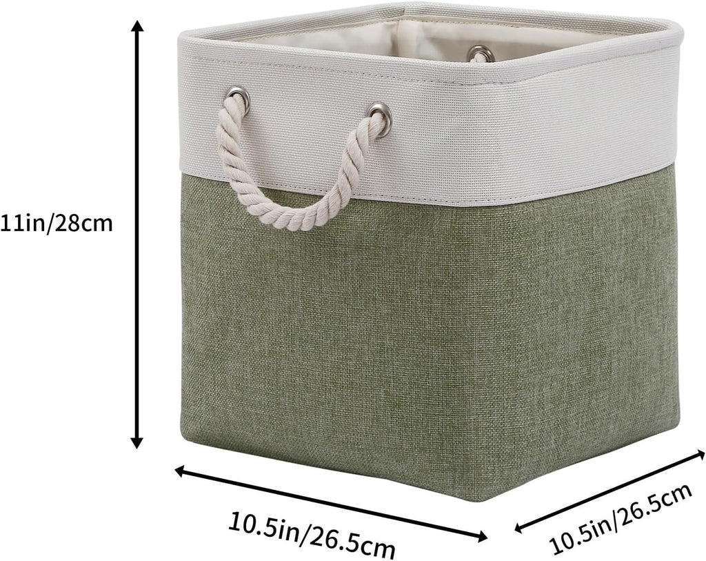 Fabric Storage Cubes, 11 inch cube storage bin with Handles, 11x11cube storage organizer bins, Collapsible Storage Bins for Shelves and Home, Cubby Storage Bins (white-green, 10.5x10.5x11in)