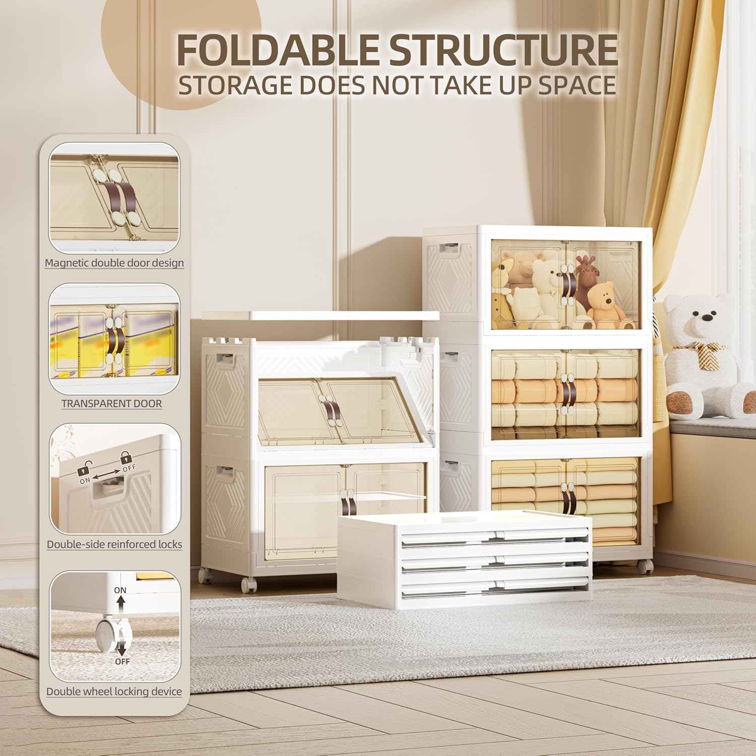 200 QT / 50 Gal Extra Wide Foldable Plastic Cabinet with Double Magnetic Doors & Leather Handles - Stackable, 4 Locking Wheels, Space Saving Storage for Small Spaces