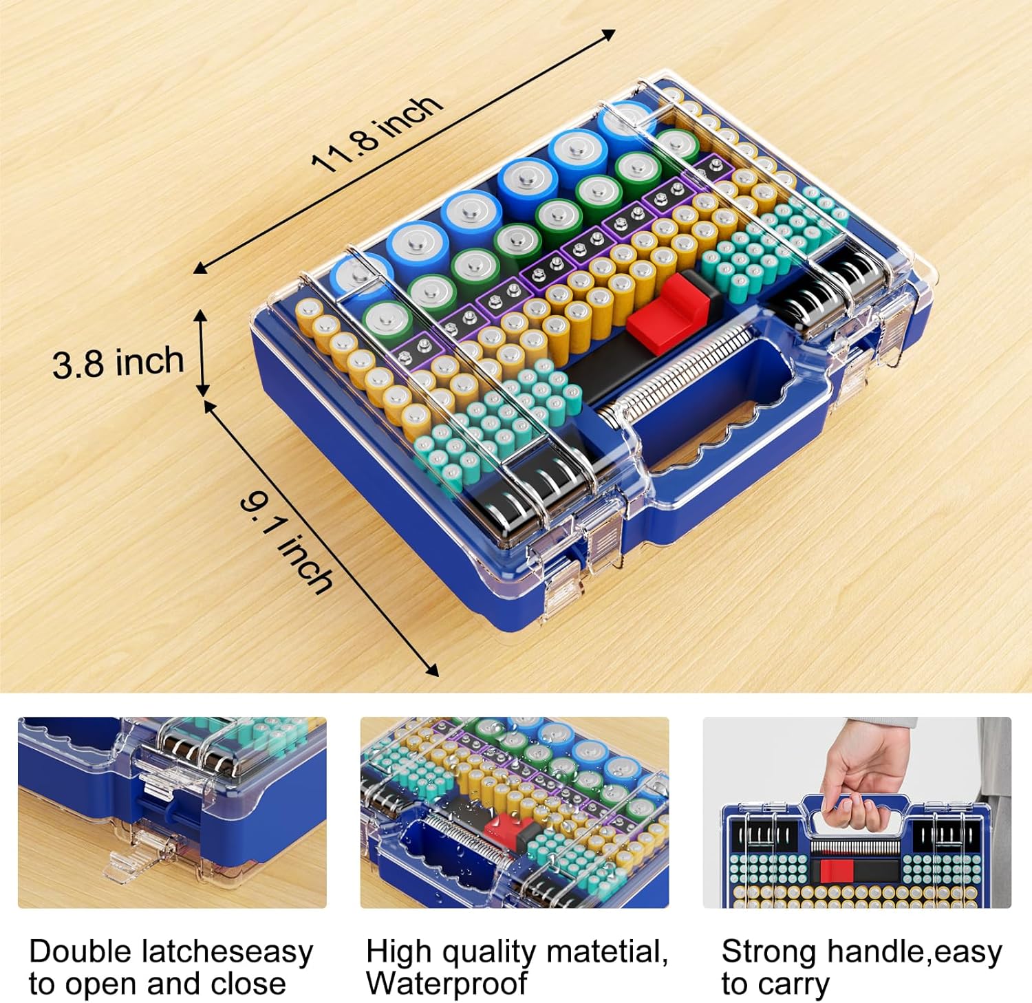 Battery Organizer Storage Holder Box Case with Tester, Ultra-Large 262+ Batteries Container with Double-Sided, Holds AA AAA 4A 23A C D Cell 9V 3V Lithium 4LR44 CR3 CR123A 18650 (Blue)