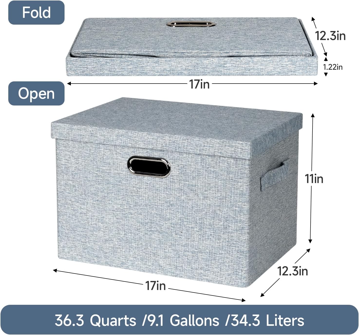 Large 17" 36 Quart Collapsible Stackable Storage Bins with Lids, 3 Packs Blue-Grey Linen Fabric Closet Boxes with Lids, Storage Cube Baskets Container Organizers for Bedroom (17x12x11)