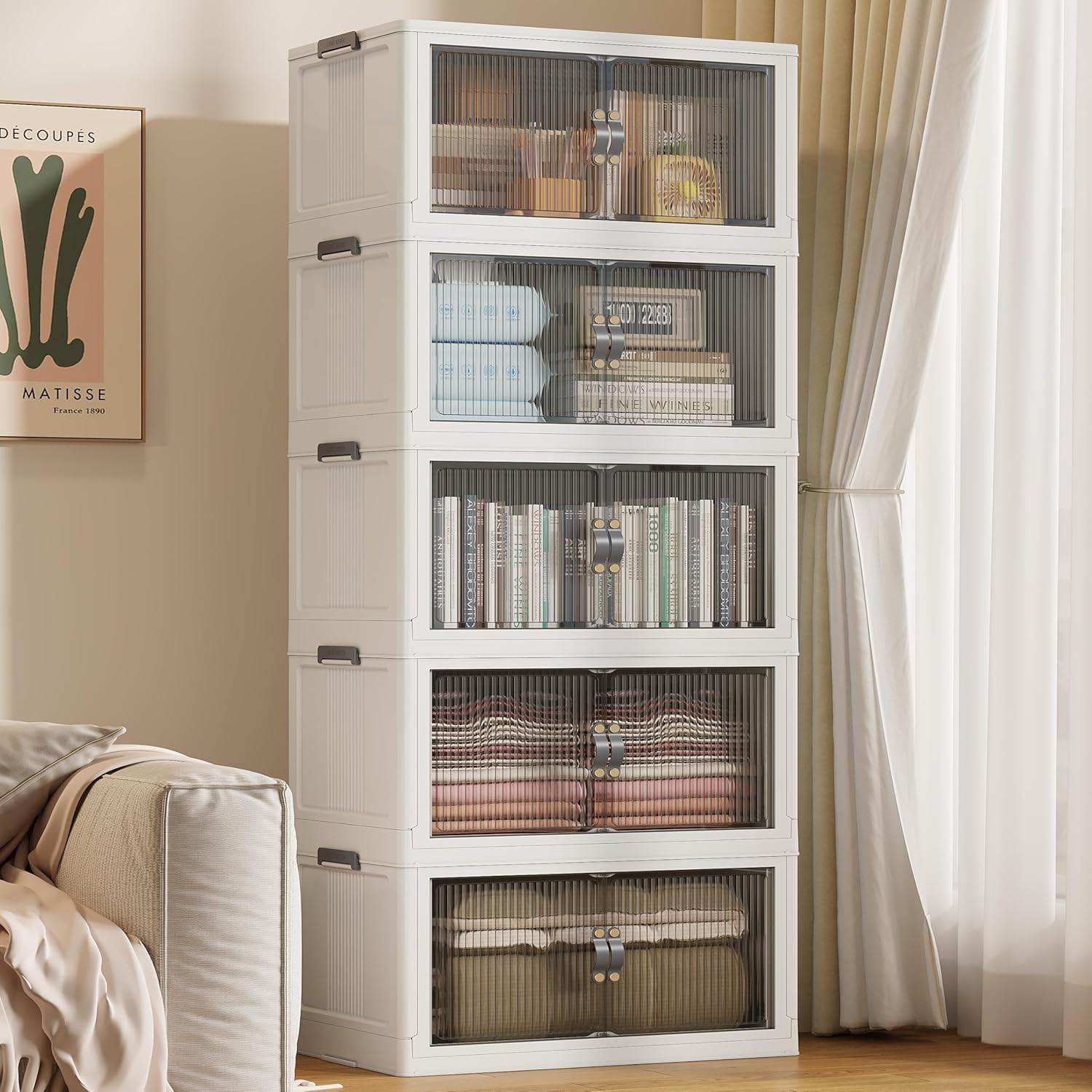 SAILUN 145Gal/580Qt Stackable Storage Bins Folding Collapsible Storage Bins with Lid, Closet Organizers and Storage, Grey 26" W x 17" D x 71" H