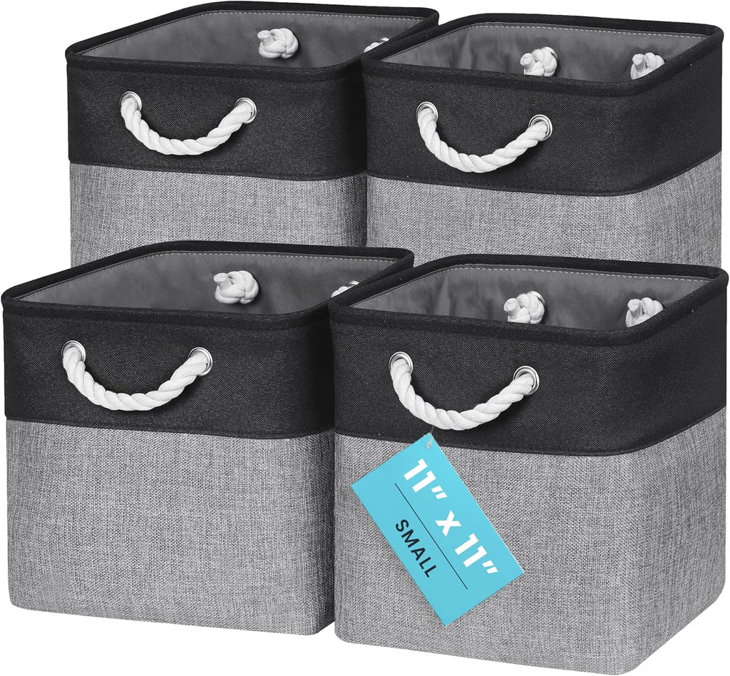 OrganiHaus 11x11 Cube Storage Bins 4 Pack, Foldable Cube Storage Organizer w/ Rope Handles, Collapsible Fabric Bins for Toys, Clothes & Closet Organization, Fabric Square Baskets - Gray/Black