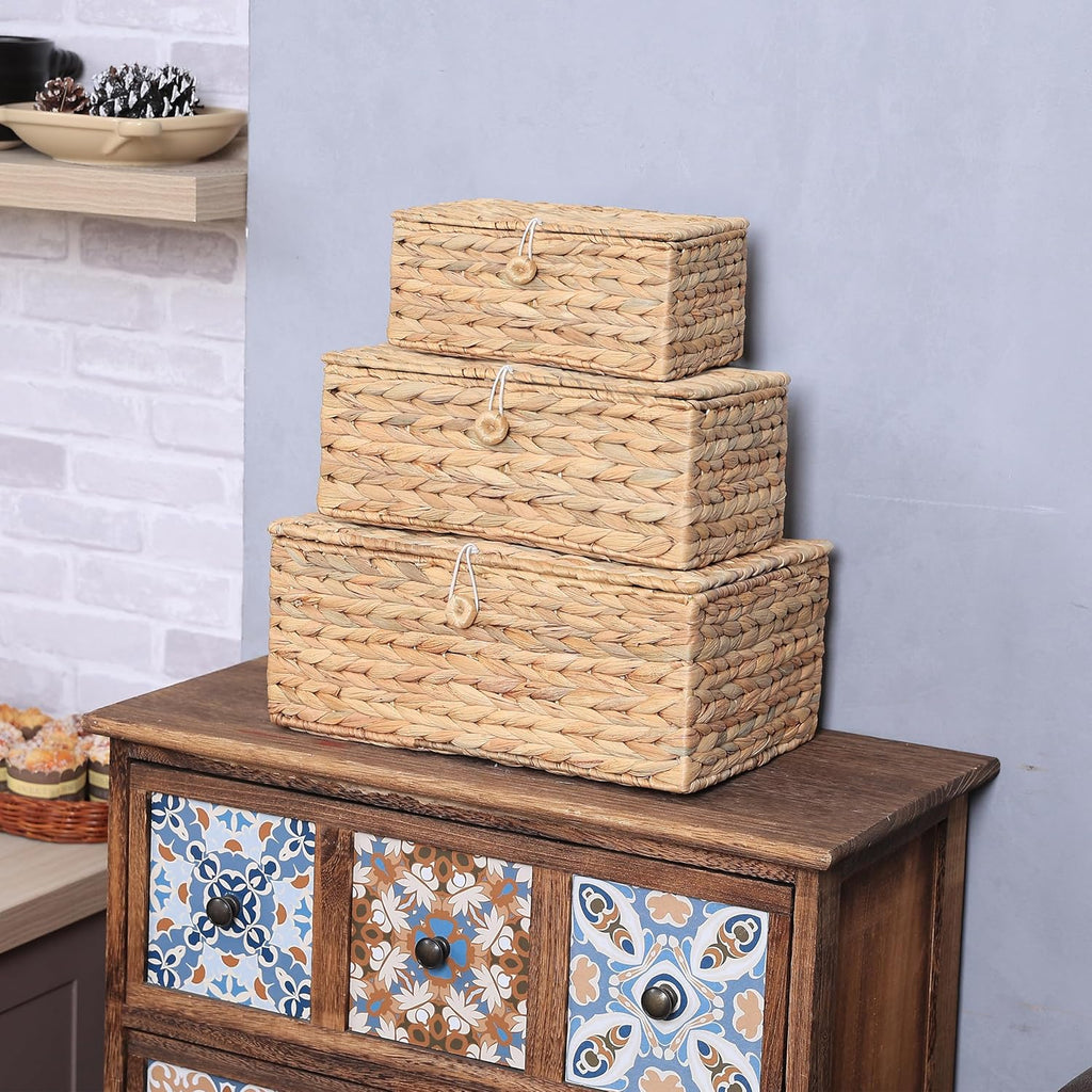 Set of 3 Wicker Storage Baskets with Lid, Large Rectangular Rattan Basket Decorative Boxes, Natural Water Hyacinth Wicker Basket for Shelf Organizer, Nursery Room