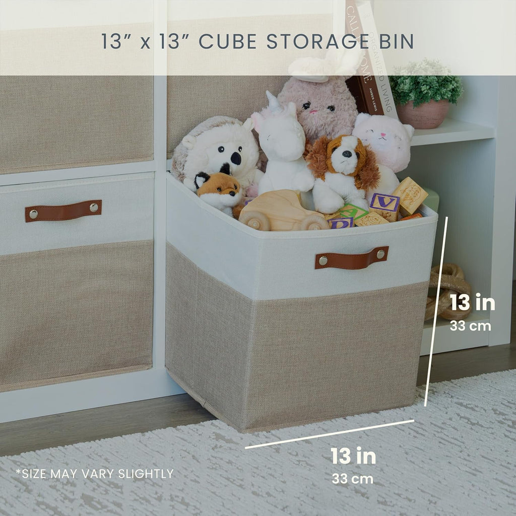 OrganiHaus 13" x 13" x 13" Cube Fabric Storage Bins Set of 4, Fabric Storage Cubes w/ Vegan Handles, 13 inch Collapsible Bins for Clothes & Toy Organizer, 13x13 Basket for Decor - Beige/White