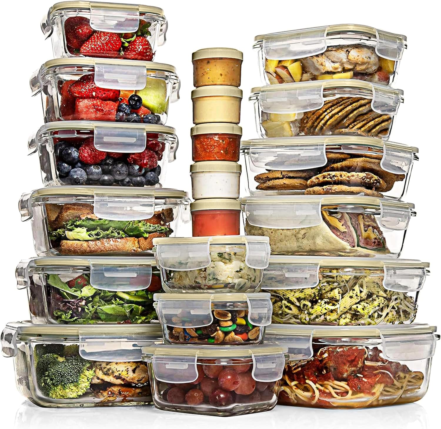 Razab 35 Pc Set Glass Food Storage Containers with Lids - Meal Prep Airtight Bento Boxes BPA-Free 100% Leak Proof (15 lids,15 glass & 5 Plastic Sauce/Dip Containers)