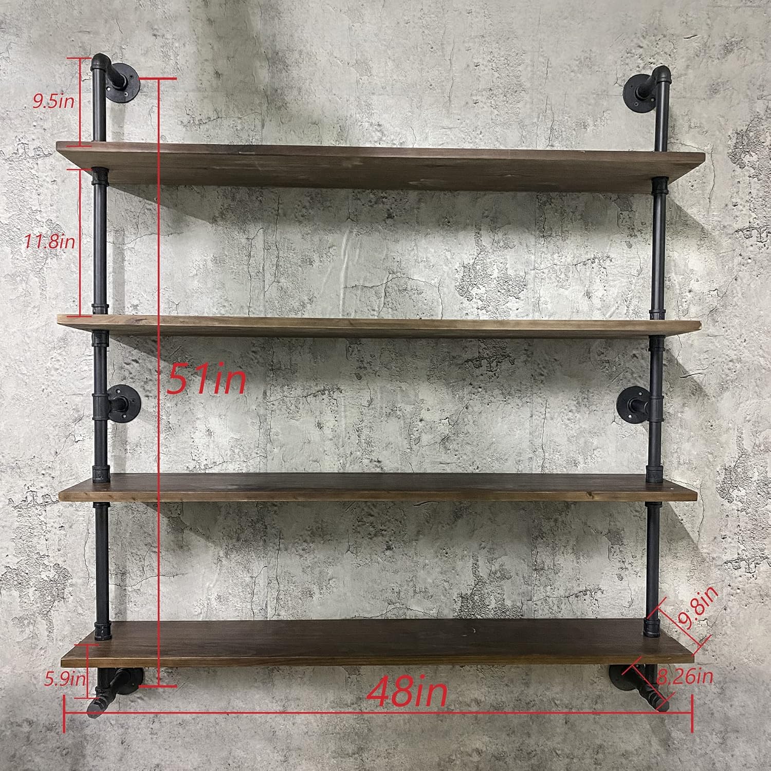 Industrial Pipe Wall Shelves With Real Wood Plank, 48 Inches Floating Shelves for Wall, 4 Tier Farmhouse Book Shelves, Dark Brown for Kitchen, Living Room Decor and Bar