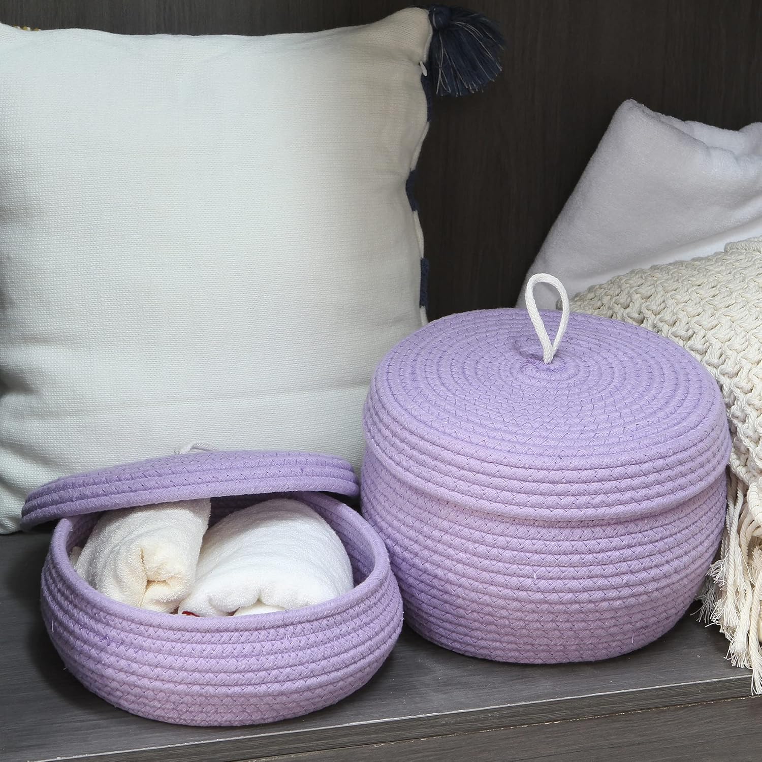 Sea Team Round Cotton Rope Storage Basket with Lid, Decorative Woven Storage Bin, Pot, Caddy, Organizer, Container for Snacks, Towels, Plants, 10 x 7.5 Inches (Small, Lavender)