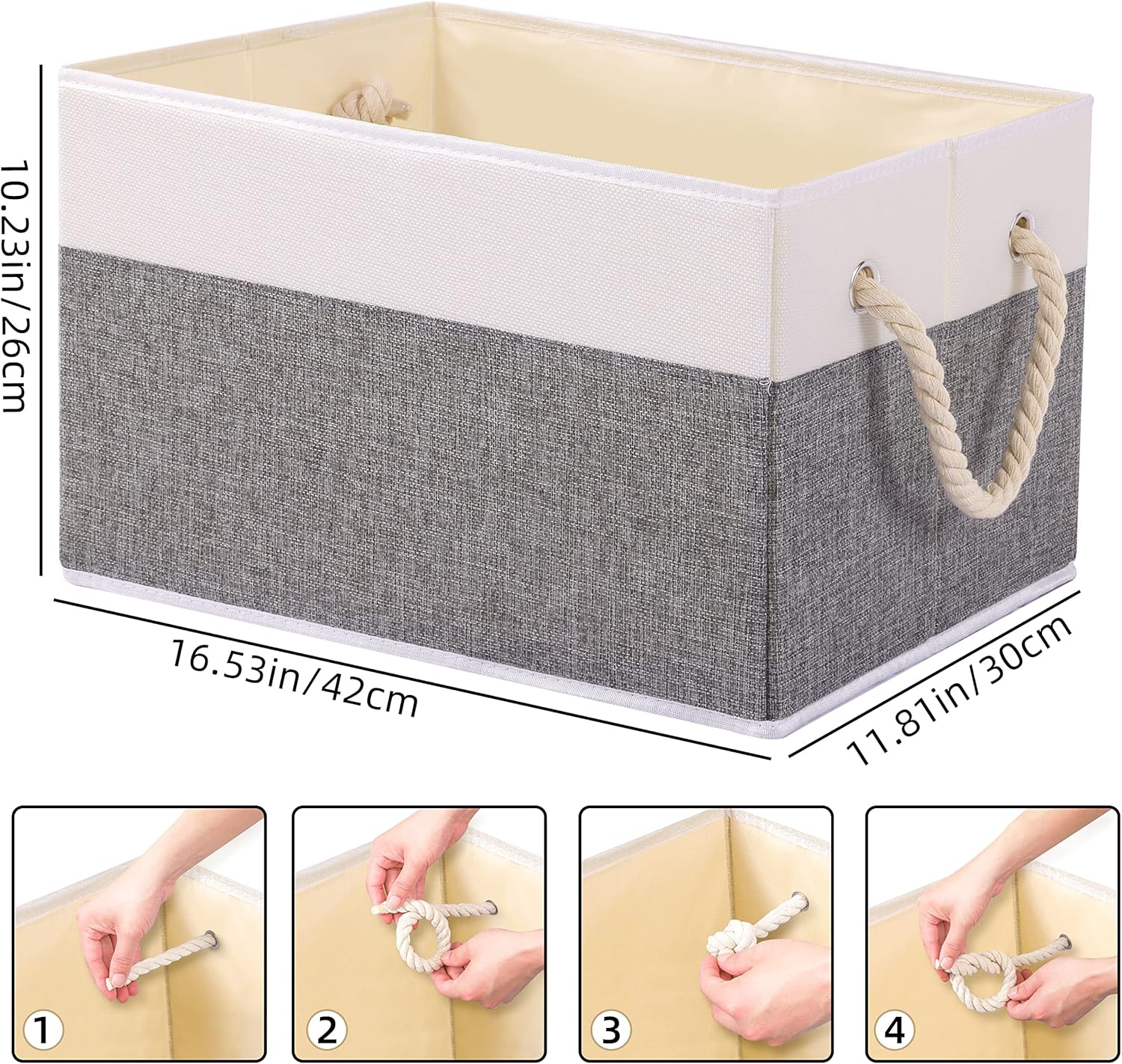 Yawinhe Collapsible Storage Bins 3-Pack, Large Fabric Baskets with Rope Handle, Organizers for Shelves, Closets, Clothes, 16.53''Lx11.81''Wx10.23''H, White/Grey