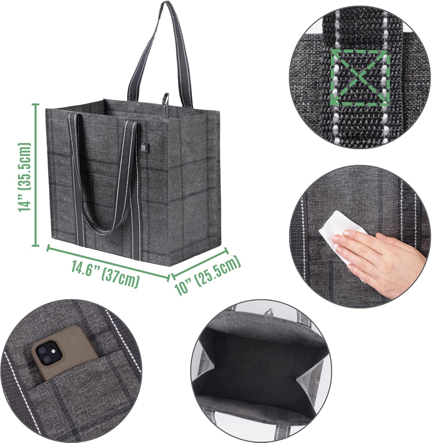 VENO 4 Pack Reusable Grocery Bags with Hard Bottom, Heavy-Duty Shopping Bags for Shopping Cart (Windowpane, 4 Pack)