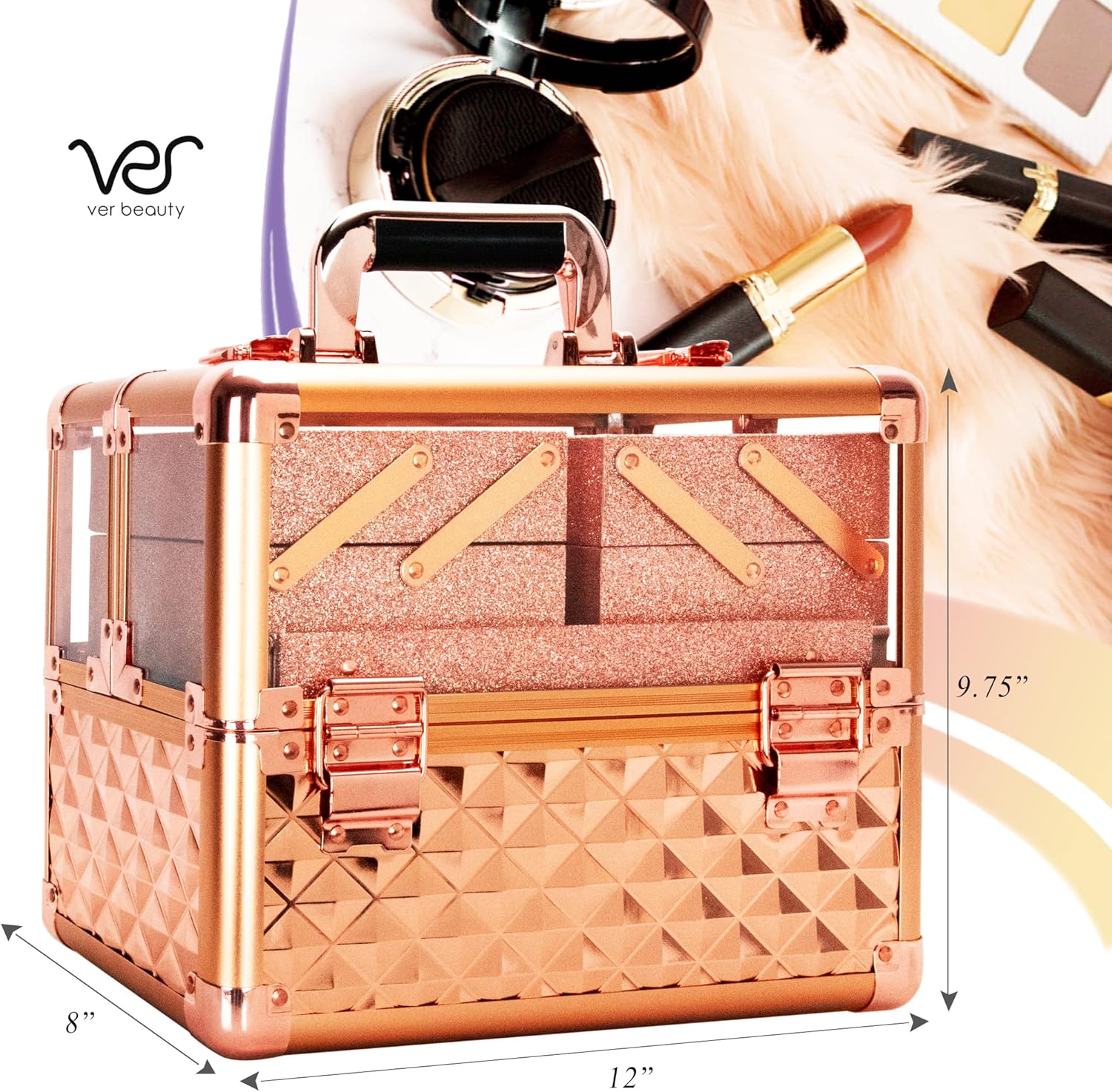 Ver Beauty Armored Acrylic Cosmetic Case Organizer Train Makeup Case with 4 Extendable Trays and Bottom Compartment Key and Lock (Rose Gold Diamond)