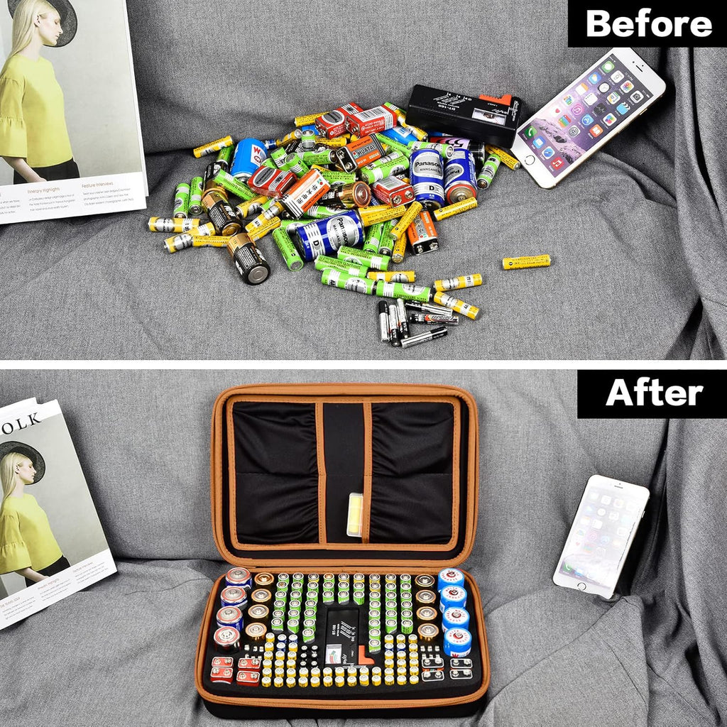 Comecase Battery Organizer Storage Box, Carrying Case Bag Holder - Holds 140+ Batteries AA AAA AAAA C D 9V - with Battery Tester - Brown(Batteries are Not Included)