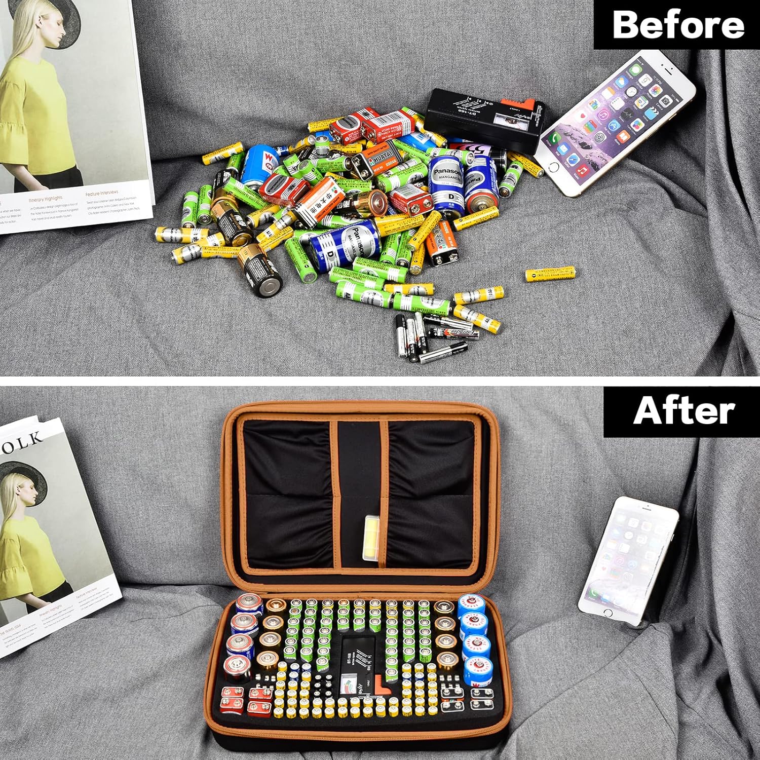 Comecase Battery Organizer Storage Box, Carrying Case Bag Holder - Holds 140+ Batteries AA AAA AAAA C D 9V - with Battery Tester - Brown(Batteries are Not Included)