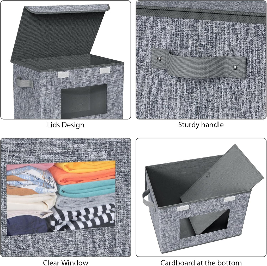Univivi Fabric Foldable Storage Boxes [4-Pack] Large Collapsible Stackable Storage Bins with Lids, Closet Organizers and Storage Cube Basket for Home, Office, Bedroom (Grey, 17'' x 12'' x 12")