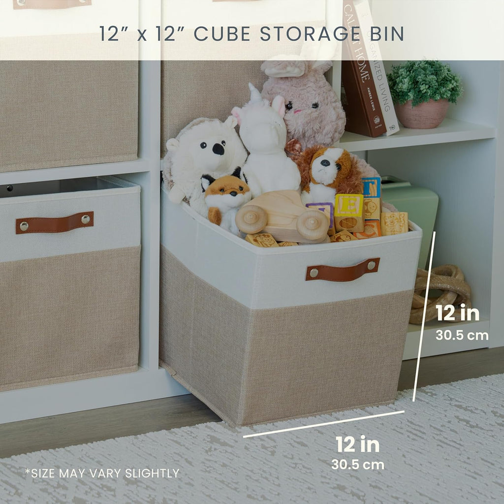 OrganiHaus 12" x 12" x 12" Fabric Storage Bins - Set of 4, Cube Canvas Organizer Bins with Vegan Handles, Kallax Storage Cubes, 12 Inch Cubic Baskets for Shelves - Beige/White