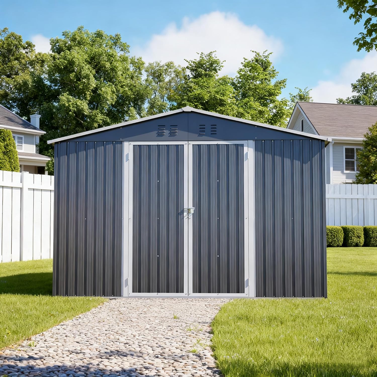 10 x 10 FT Outdoor Shed, Metal Storage Garden Shed with Lockable Door, Large Space Tool Shed for Backyard, Patio, Lawn