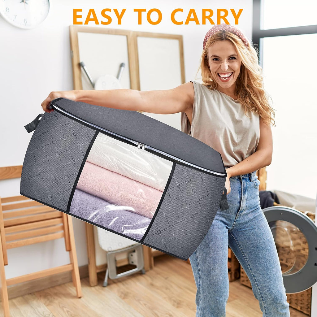 10 Pack Clothes Storage Bags, 90L Large Blanket Storage Bag Comforter Storage Bin with Reinforced Handle and Lid Foldable Closet Organizer and Storage Containers for Bedding Pillows Sheets and Duvet