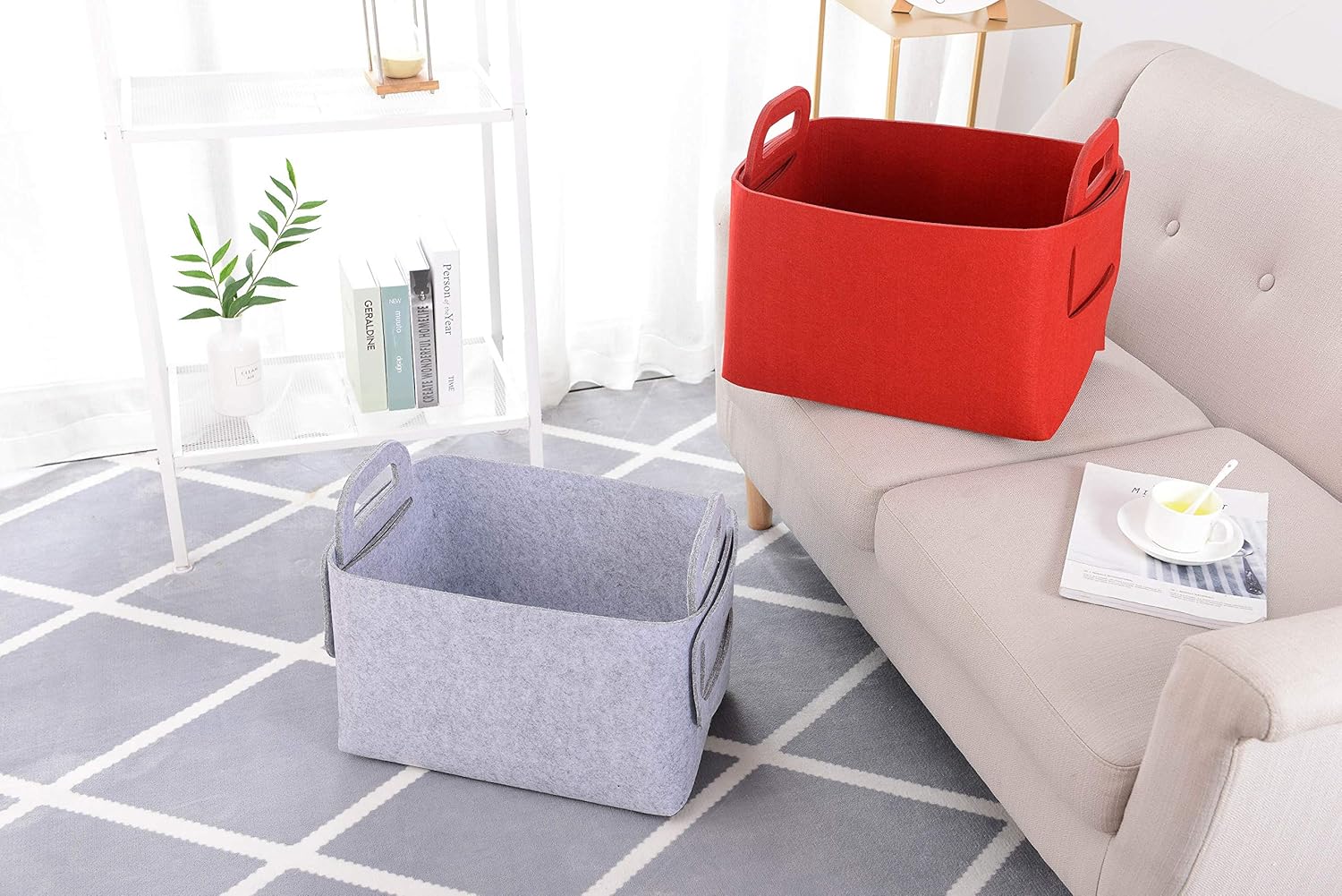 Minoisome Storage Basket Felt Storage Bin Collapsible& Convenient Box Organizer with Carry Handles for Office Bedroom Closet Babies Nursery Toys Laundry (Red, 15.7inch（L）×11inch（W）×10inch（H）)
