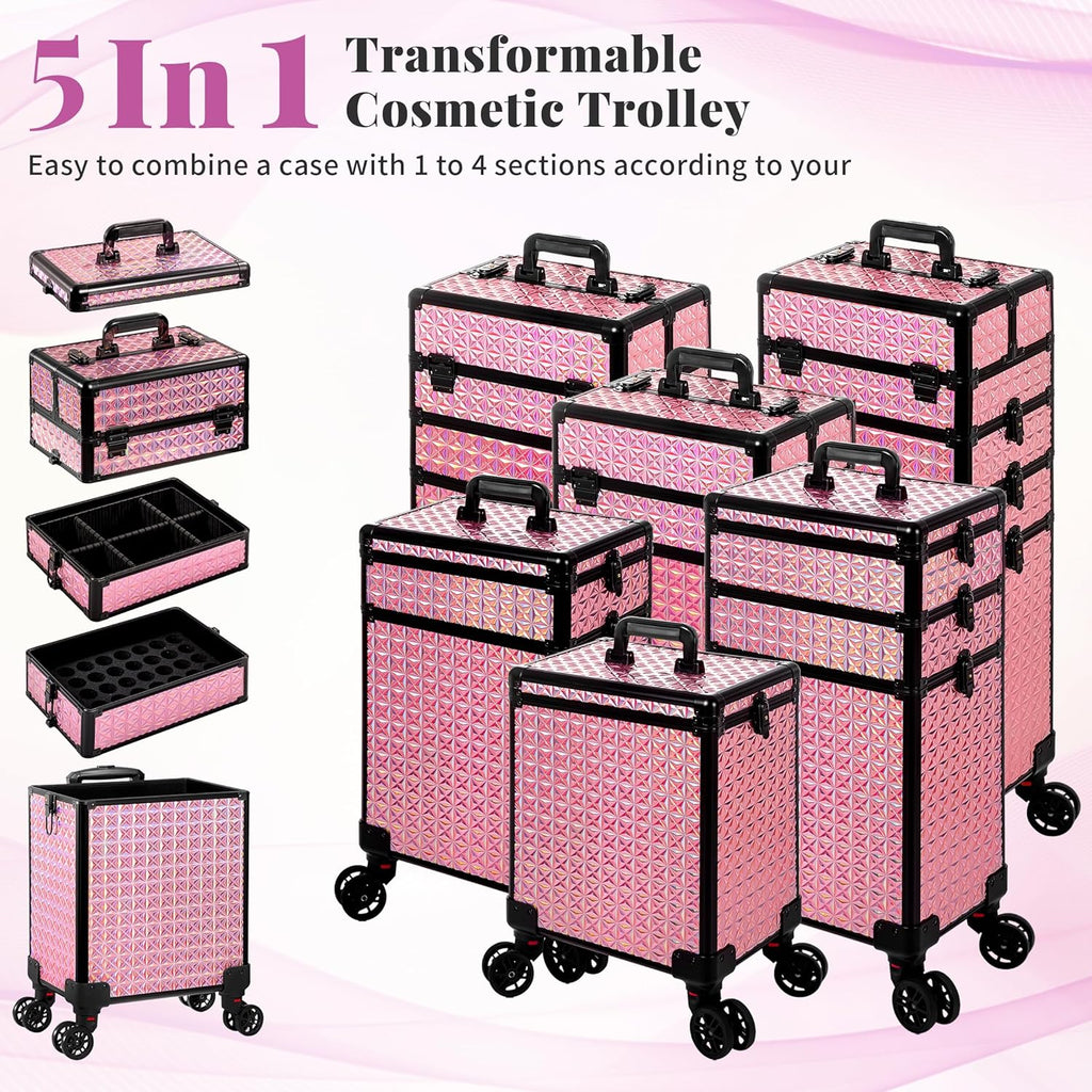 AROUS 5 in 1 Rolling Makeup Train Case Cosmetology Case on Wheels Large Cosmetic Organizer Travel Cart for Hairstylist Artist Nail Beauty Salon Barber,Pink