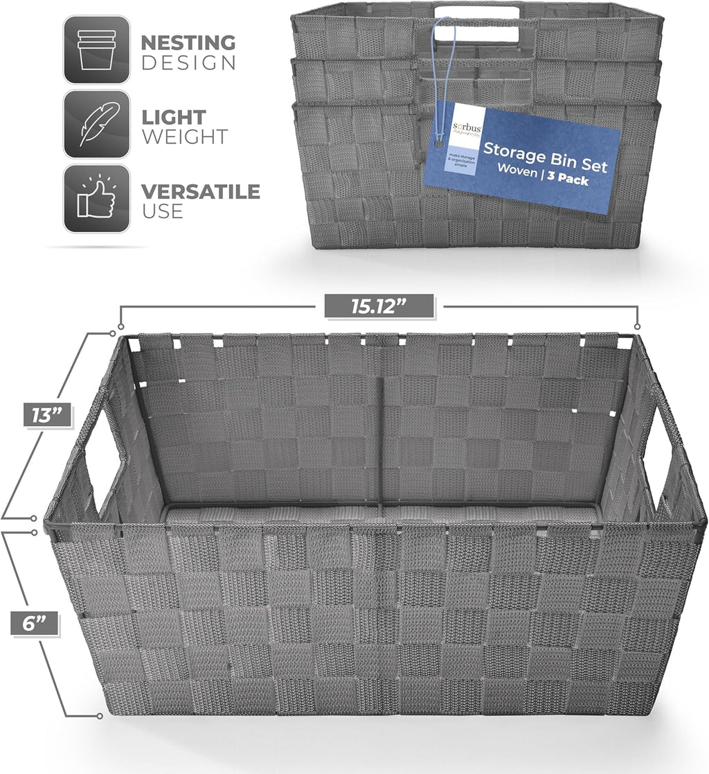 Sorbus Set of 3 Large Storage Baskets for Organizing, Mesh Hand-Woven Design, Linen Closet Organizers and Storage, Organizer Storage Baskets for Shelves, Organizers and Storage ( Gray)