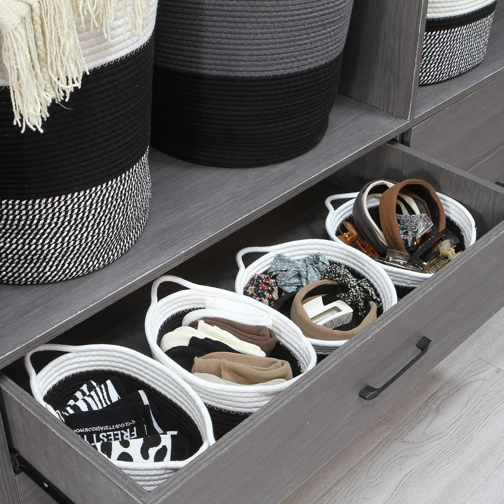 Sea Team 2-Pack Cotton Rope Baskets, 10 x 3 Inches Small Woven Storage Basket, Fabric Tray, Bowl, Round Open Dish for Fruits, Jewelry, Keys, Sewing Kits (Black & White)