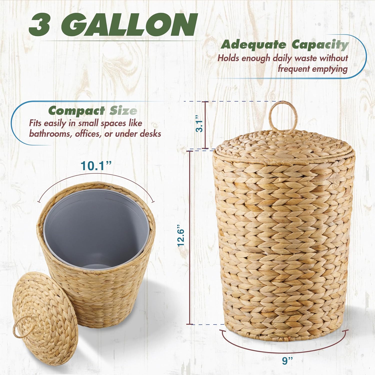 BLUEWEST 3 Gallons Wicker Trash Can with Lid and Removable Liner, Wicker Rattan Bathroom Trash Can, Large Woven Bin for Office, Hyacinth Waste Basket for Home Kitchen (Natural)