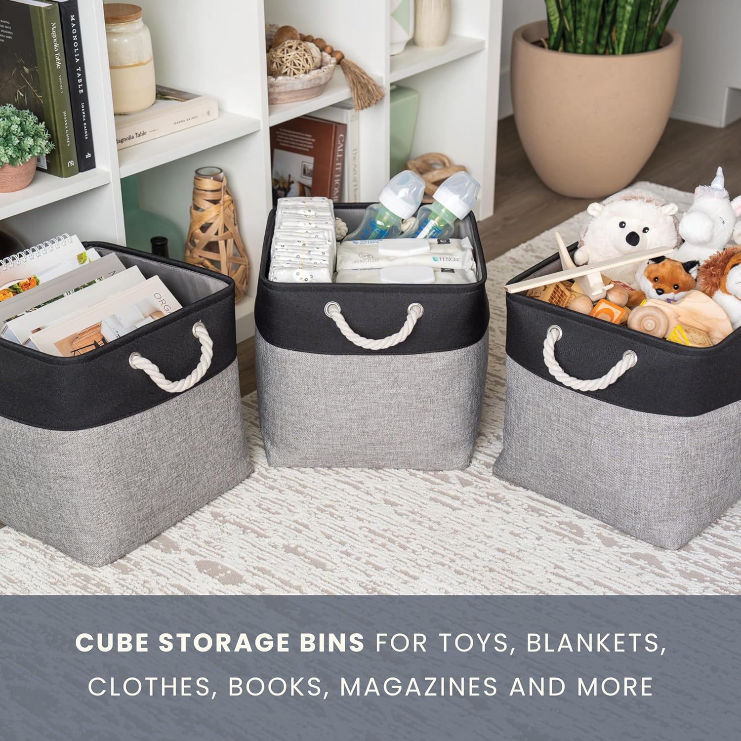 OrganiHaus 13x13 Cube Storage Bins 4 Pack, Foldable Cube Storage Organizer w/ Rope Handles, Collapsible Fabric Bins for Toys, Clothes & Closet Organization, Fabric Square Baskets - Gray/Black