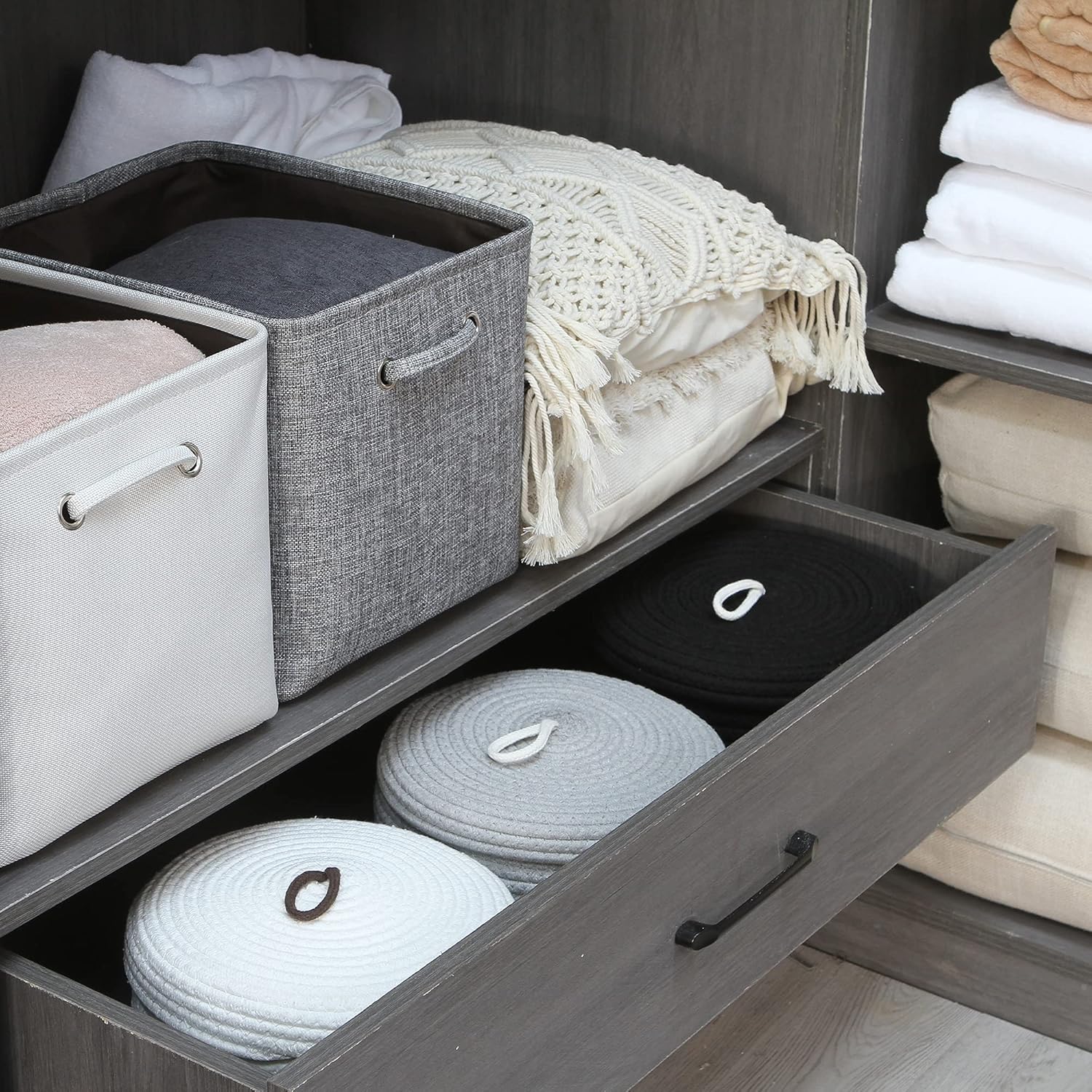 Sea Team Round Cotton Rope Storage Basket with Lid, Decorative Woven Storage Bin, Pot, Caddy, Organizer, Container for Snacks, Towels, Plants, 10 x 4.5 Inches (Small, Shallow, Grey)