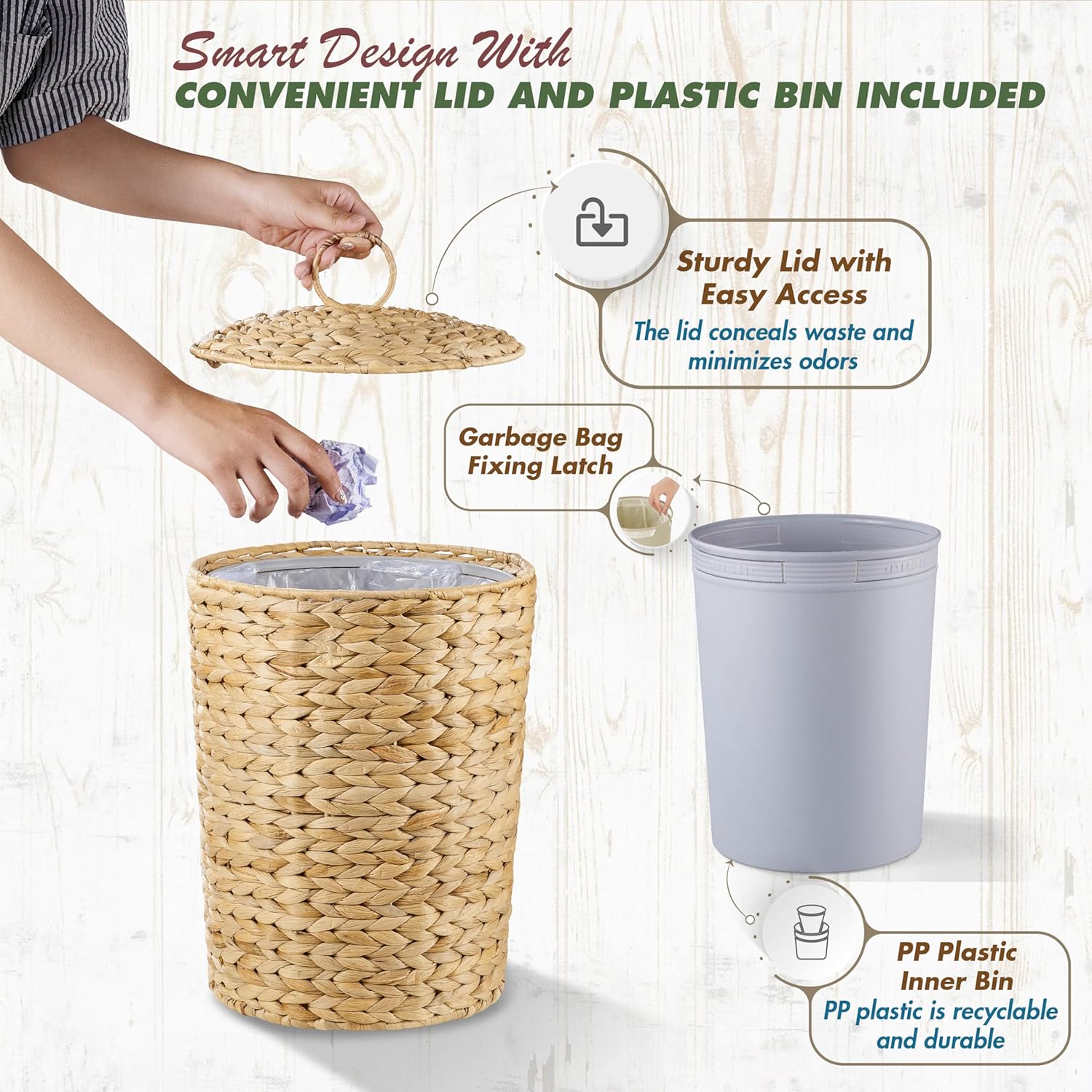 BLUEWEST 3 Gallons Wicker Trash Can with Lid and Removable Liner, Wicker Rattan Bathroom Trash Can, Large Woven Bin for Office, Hyacinth Waste Basket for Home Kitchen (Natural)