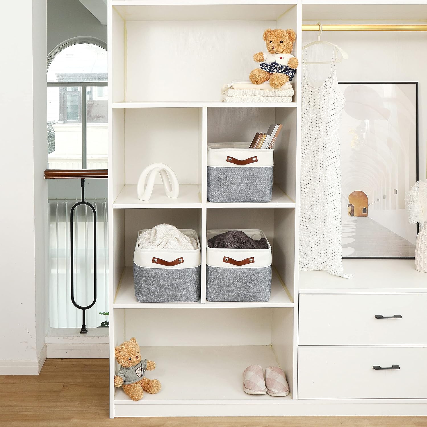 OrganiHaus Large Fabric Storage Baskets for Shelves 3 Pack, 15x11in Closet Storage Bins for Shelves, Canvas Baskets for Organizing, Linen Closet Organizers, Cloth Basket, Gray/Off-White