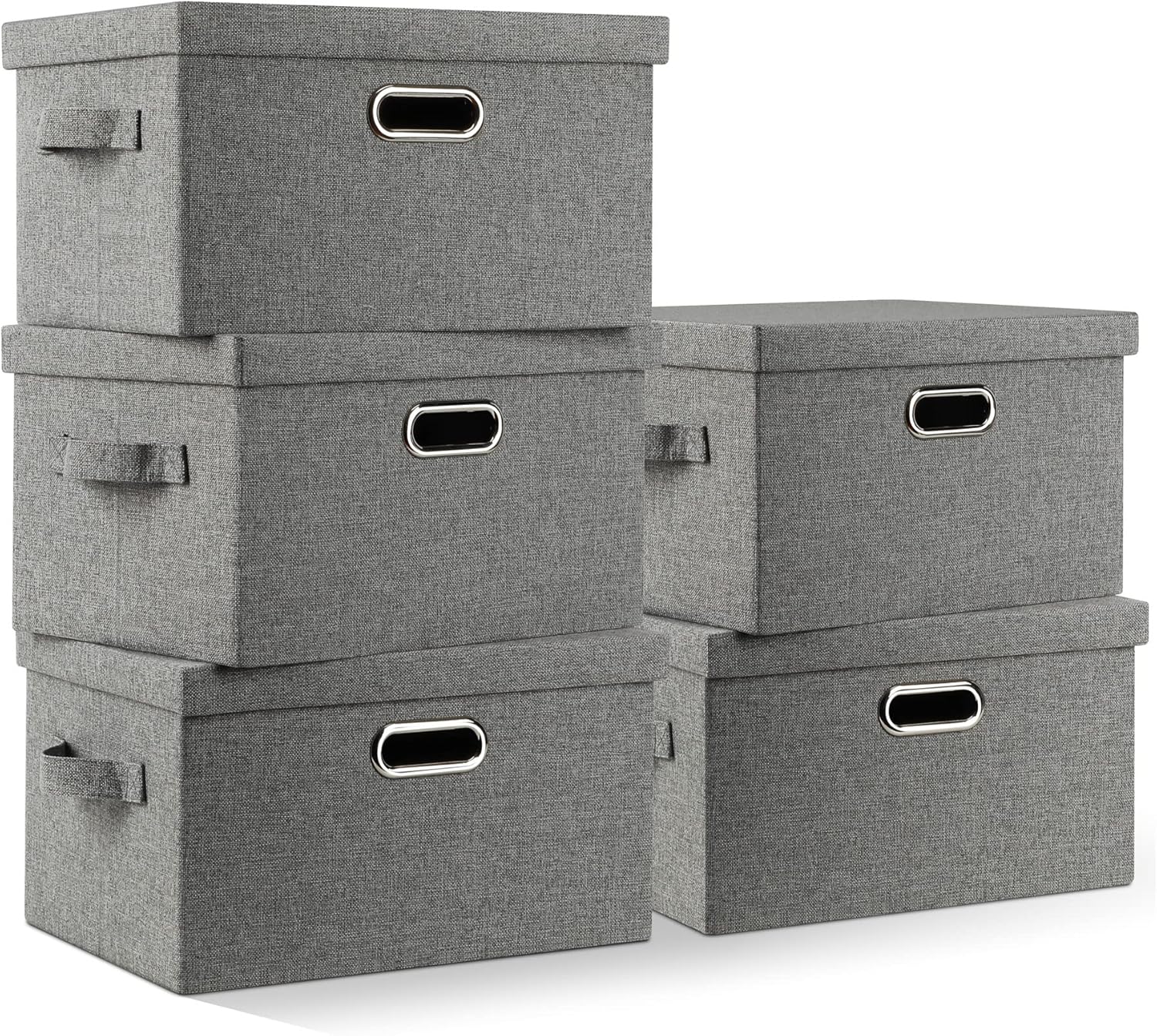 Medium 15" 21 Quart Collapsible Stackable Storage Bins with Lids, 5 Packs Grey Foldable Fabric Closet Boxes Heavy-duty Linen Cube Baskets Container for Bedroom Office (15 x 11 x 8)
