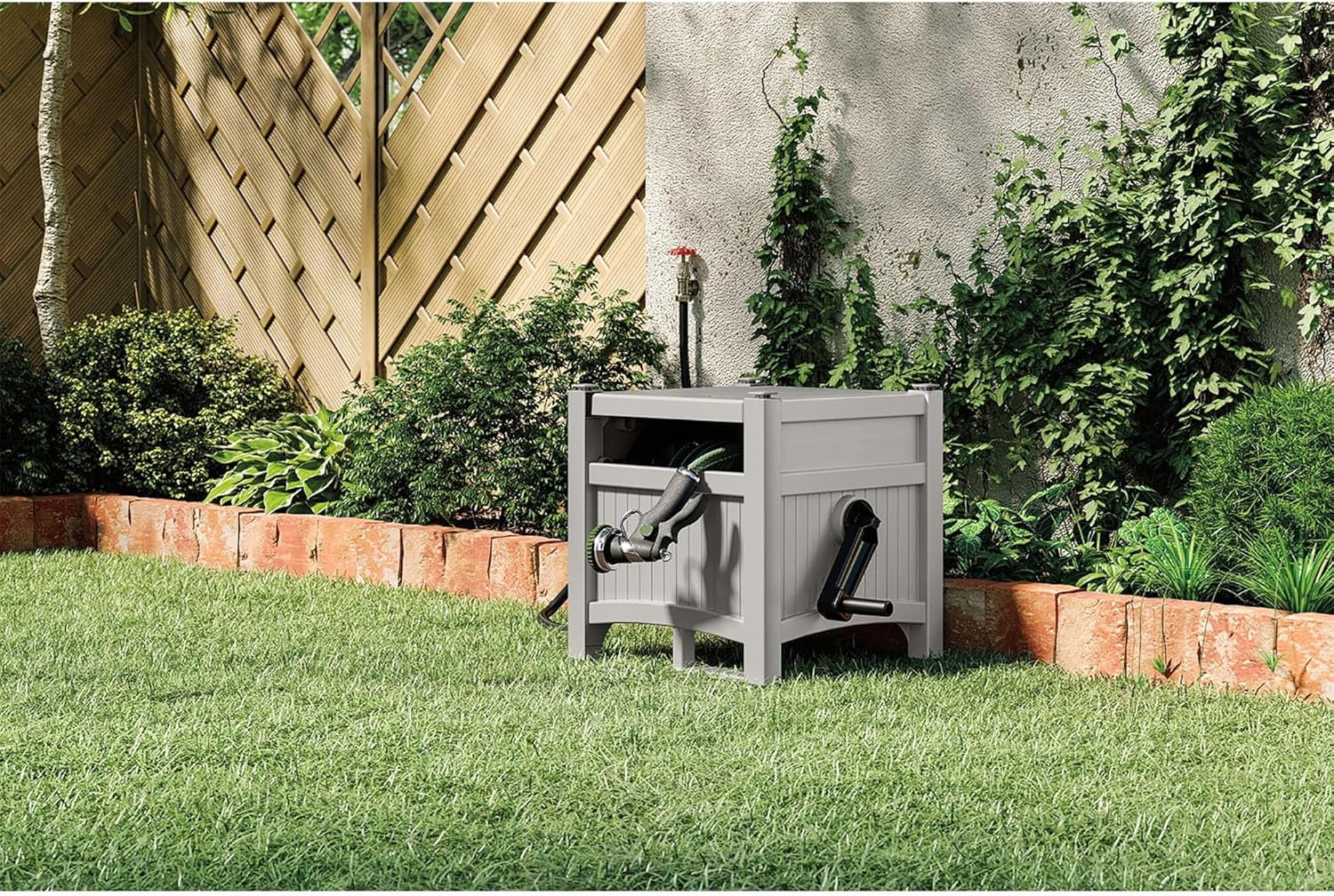 100 ft Garden Hose Reel Hideaway - Holds 5/8" Hose, Durable Resin Storage with Side Handle, No Assembly Required, Compact Design (21x15.5x16 in) for Outdoor Organization, Gray