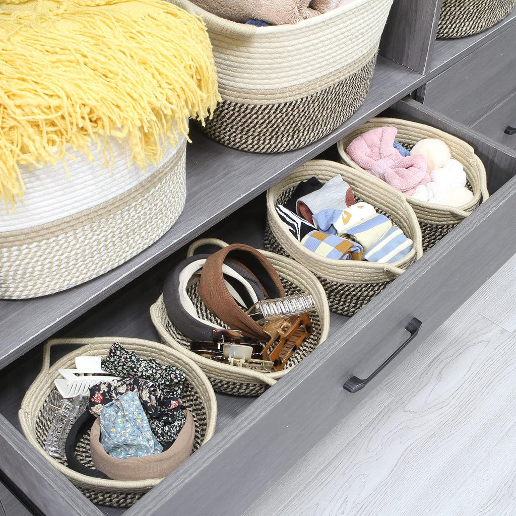 Sea Team 2-Pack Cotton Rope Baskets, 10 x 7 x 4 Inches Small Woven Storage Basket, Fabric Tray, Bowl, Oval Open Dish for Fruits, Jewelry, Keys, Sewing Kits (Mottled Flaxen & Khaki)