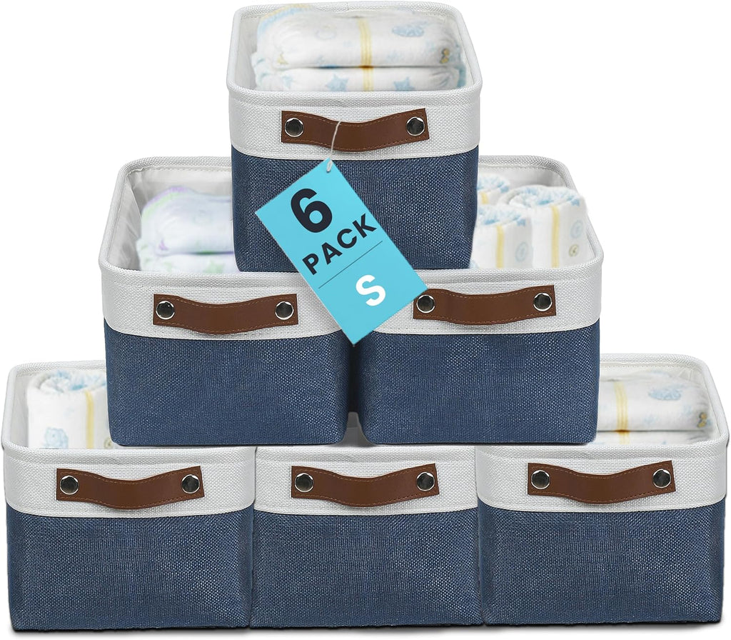 OrganiHaus Small Fabric Storage Baskets for Shelves 6 Pack, 12x8in Closet Storage Bins for Shelves, Cloth Baskets for Organizing, Linen Closet Organizers, Fabric Basket, Navy Blue/White
