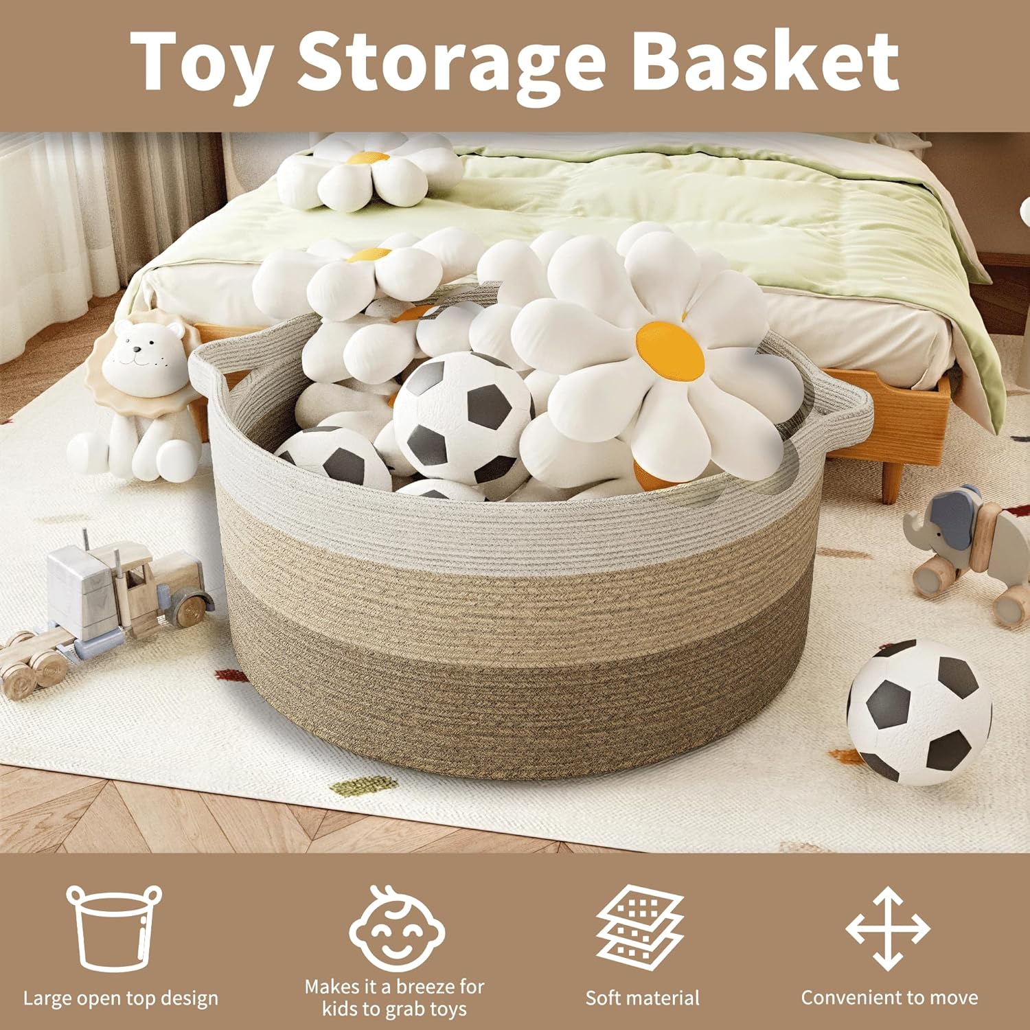 125L Extra Large Blanket Basket, 25" x 16", Jumbo Laundry Woven Cotton Rope Basket with Handles, Baby Toy Storage, Gradual Brown