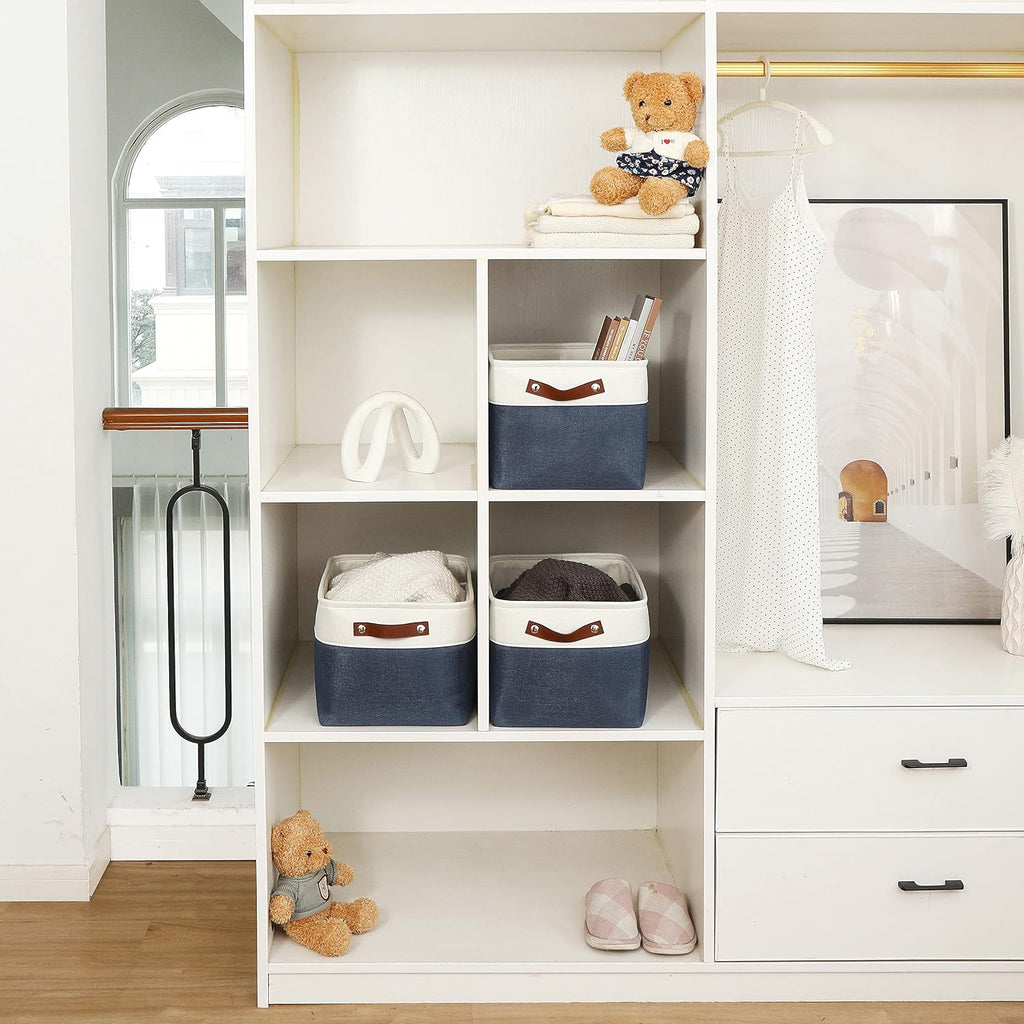 OrganiHaus Large Fabric Storage Baskets for Shelves 3 Pack, 15x11in Closet Storage Bins for Shelves, Canvas Baskets for Organizing, Linen Closet Organizers, Cloth Basket, Navy Blue/Off-White