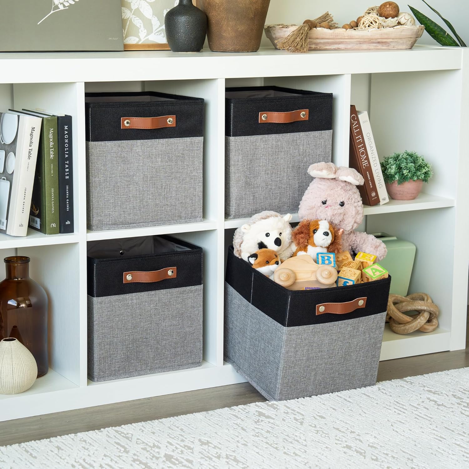 OrganiHaus 11" x 11" x 11" Fabric Cube Storage Bins - Set of 4, Canvas Cubby Bins with Vegan Handles, Square Storage Cubes, Kallax Storage Cubes, 11 Inch Cubic Baskets for Shelves in Gray/Black