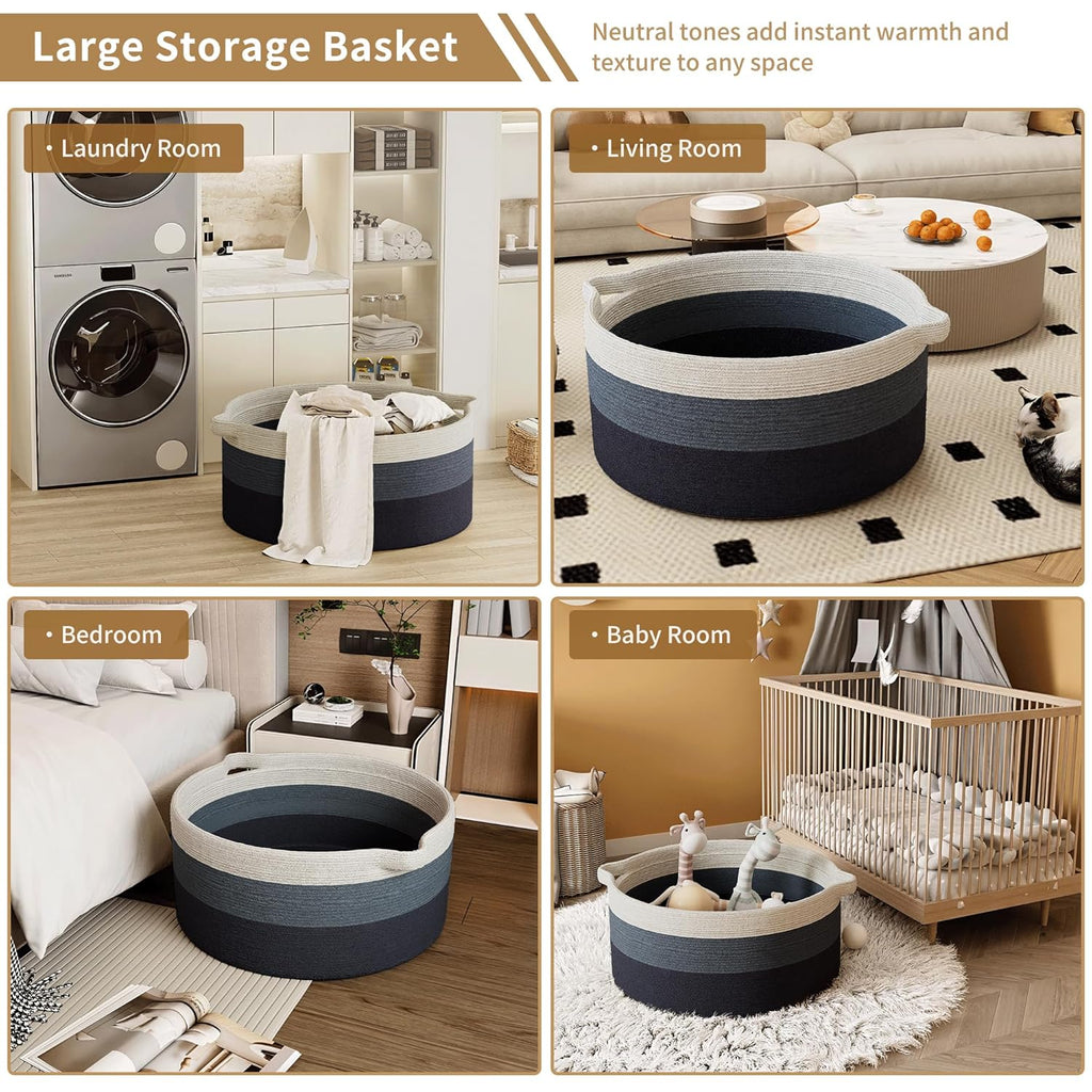 125L Extra Large Blanket Basket, 25" x 16", Jumbo Laundry Woven Cotton Rope Basket with Handles, Baby Toy Storage, Gradual Blue