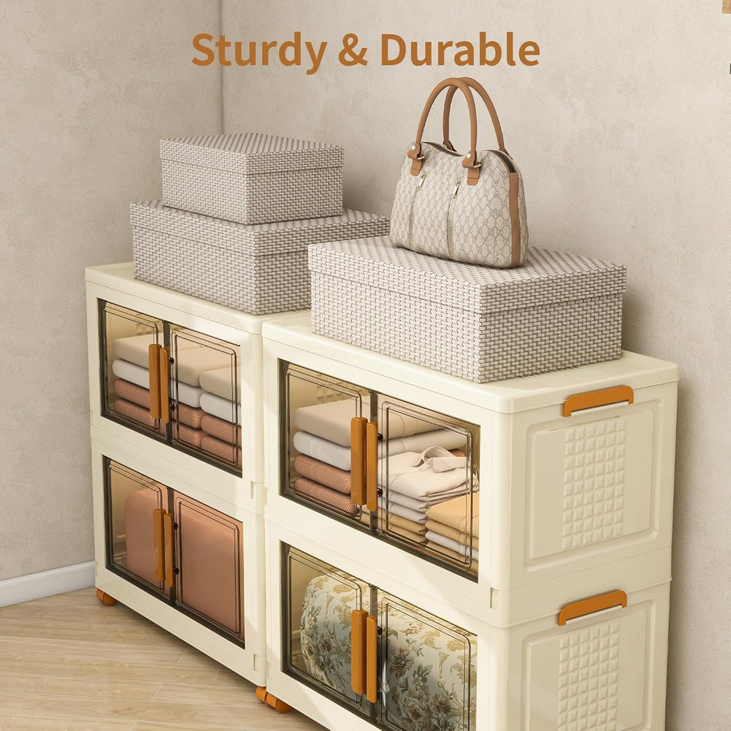Plastic Stackable Storage Bins with Lids and Wheels, Foldable Closet Organizers and Storage Containers, Collapsible Clear Drawer Storage Cabinet with Doors Ivory White 304 QT