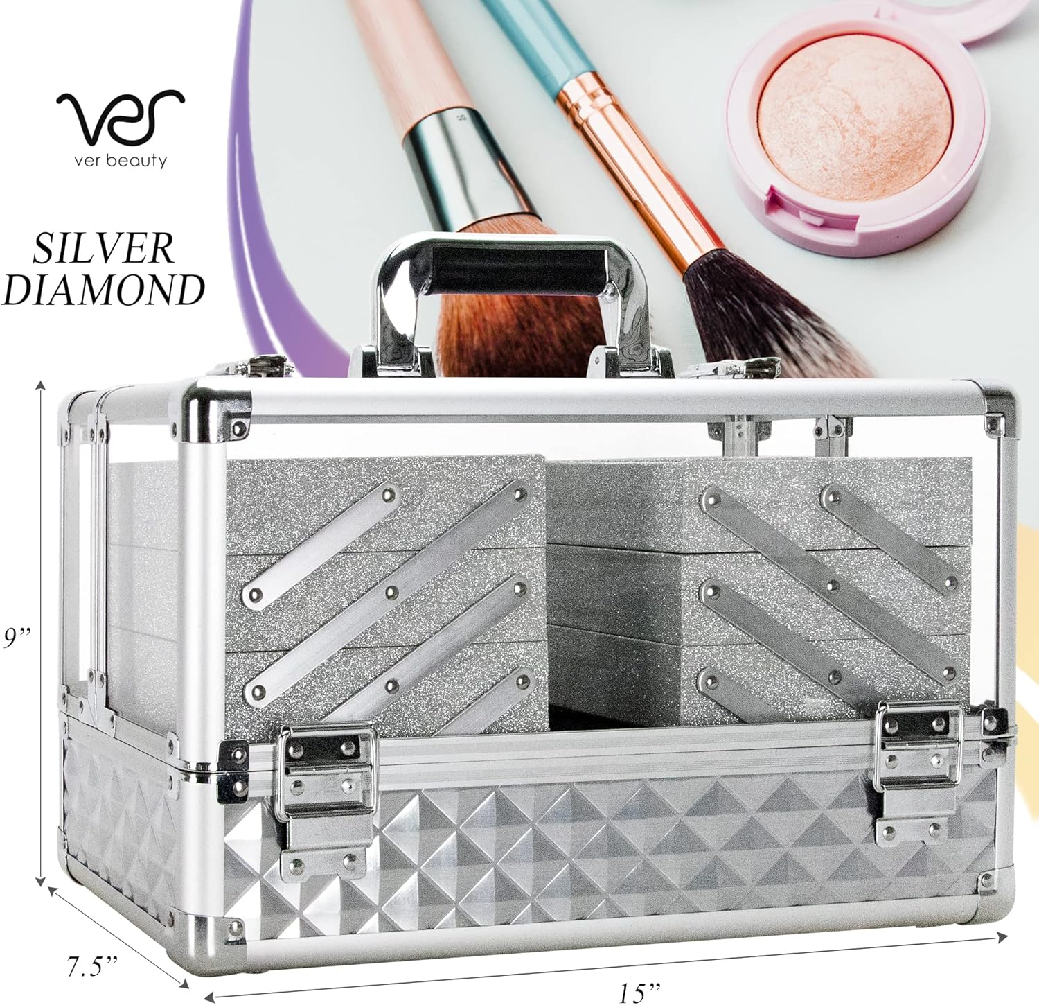 Ver Beauty Makeup Train Case 14 inch Armored Acrylic Large Portable Cosmetic Case 6 Trays Professional Storage Organizer Box Make Up Artist Jewelry Nail Kits Crafts Display Brush Holder- Silver