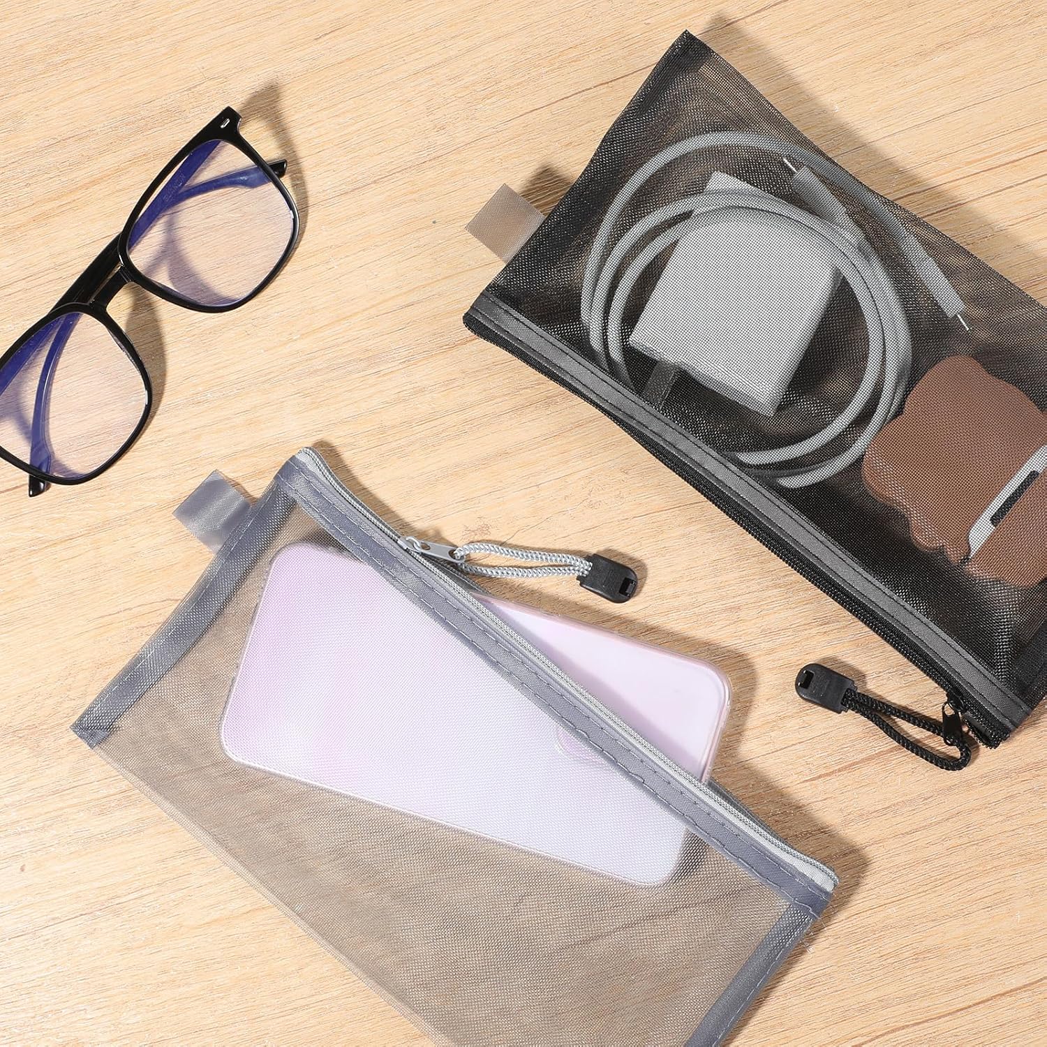 6 PCS Mesh Zipper Makeup Pouch Bags, Nylon Mesh Zipper Cosmetic Bags, Portable Travel Makeup Brush Pouches for Purse Toiletry Bag Organizer Case Diaper (Black, White, Gray)