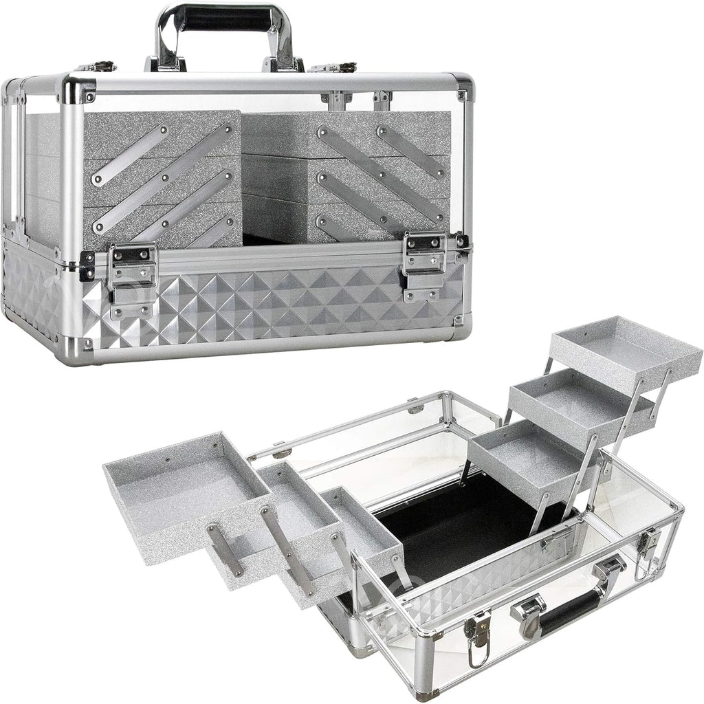 Ver Beauty Makeup Train Case 14 inch Armored Acrylic Large Portable Cosmetic Case 6 Trays Professional Storage Organizer Box Make Up Artist Jewelry Nail Kits Crafts Display Brush Holder- Silver