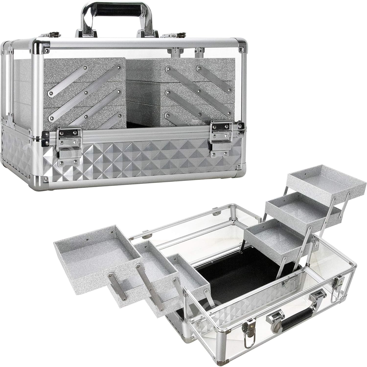Ver Beauty Makeup Train Case 14 inch Armored Acrylic Large Portable Cosmetic Case 6 Trays Professional Storage Organizer Box Make Up Artist Jewelry Nail Kits Crafts Display Brush Holder- Silver