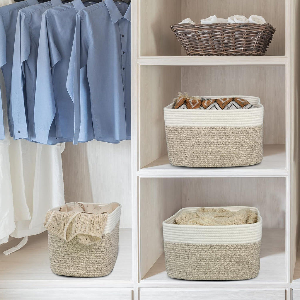 Cotton Rope storage Basket Bins Woven Basket for Organizing Shelves 15X10X9.3" Rectangle Decorative Baskets For storage Clothes Toys Books Towels Nursery basket organizer 3 pack white and brown