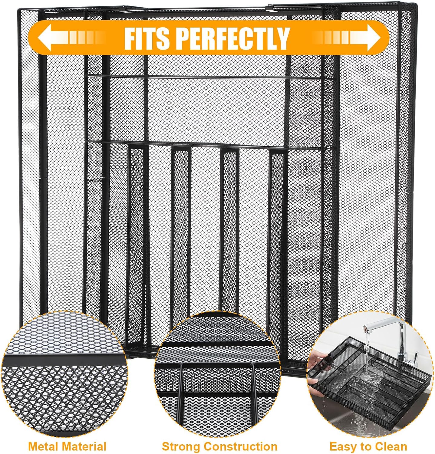 1 Pcs Utensil Drawer Silverware Organizer, Metal Mesh Expandable 13" ~24" Kitchen Drawer Organizer, 7-9 Slots Cutlery Tray Dividers for Kitchen Flatware Christmas Housewarming Gift (Black)