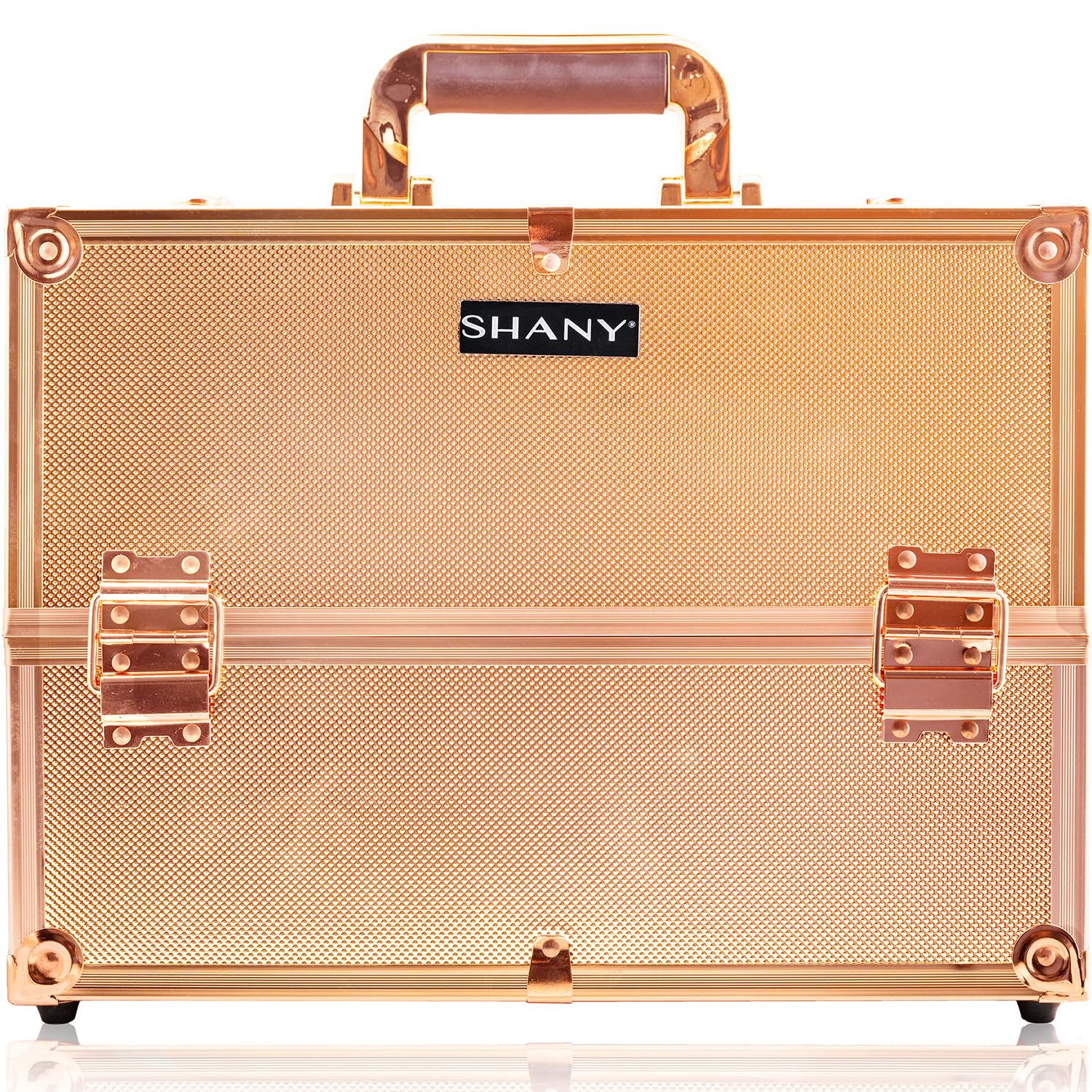 SHANY Essential Pro Makeup Train Case Cosmetic Box Portable Makeup Case Cosmetics Beauty Organizer Jewelry storage with Locks, Multi Compartments Makeup Box and Shoulder Strap - Rose Gold