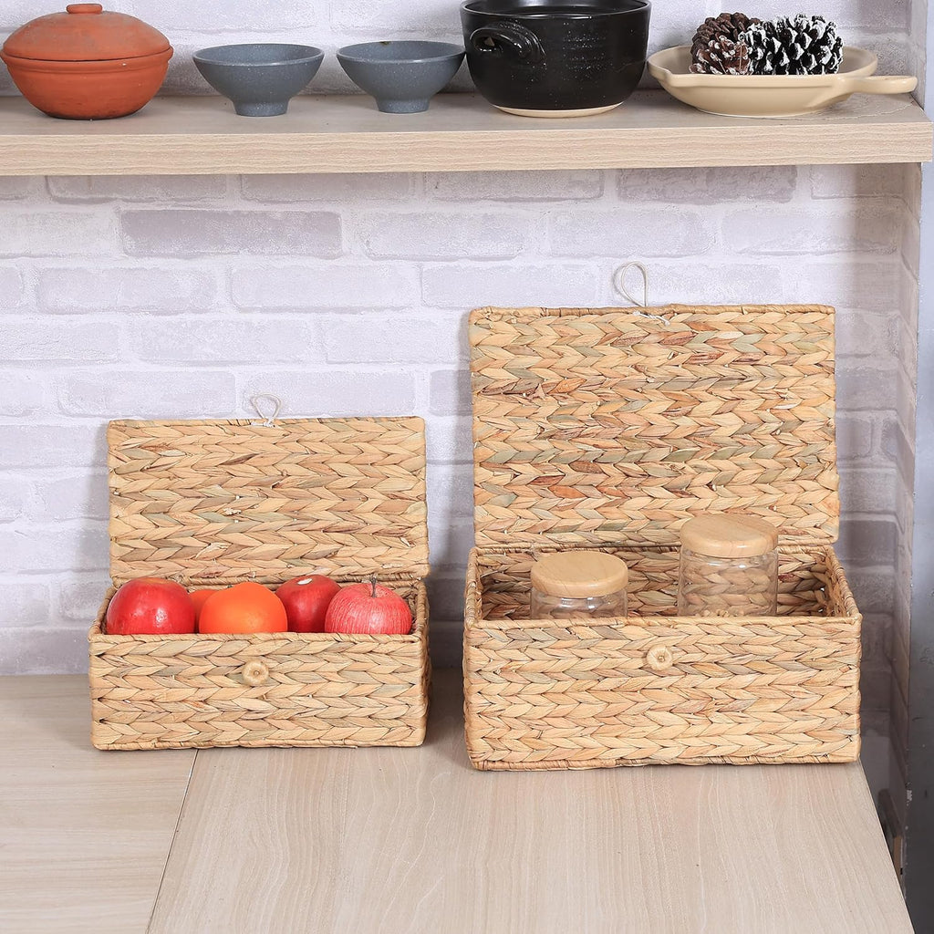 Set of 3 Wicker Storage Baskets with Lid, Large Rectangular Rattan Basket Decorative Boxes, Natural Water Hyacinth Wicker Basket for Shelf Organizer, Nursery Room