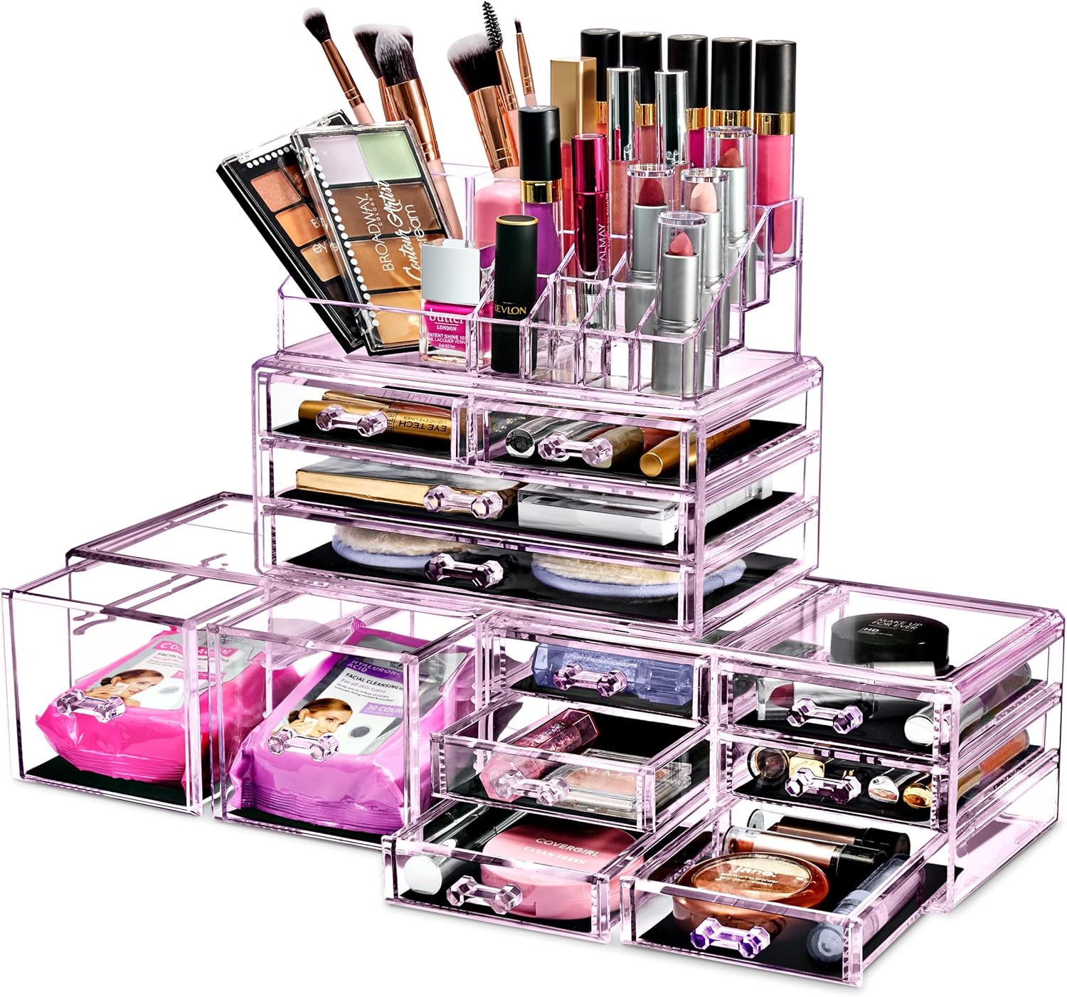 Sorbus Large Makeup Organizer - Clear Stackable Jewelry & Makeup Organizer For Vanity, Bathroom Storage, Dresser - 12 Drawers Cosmetic Beauty Organizers and Storage with Lipstick, Makeup Brush Holder